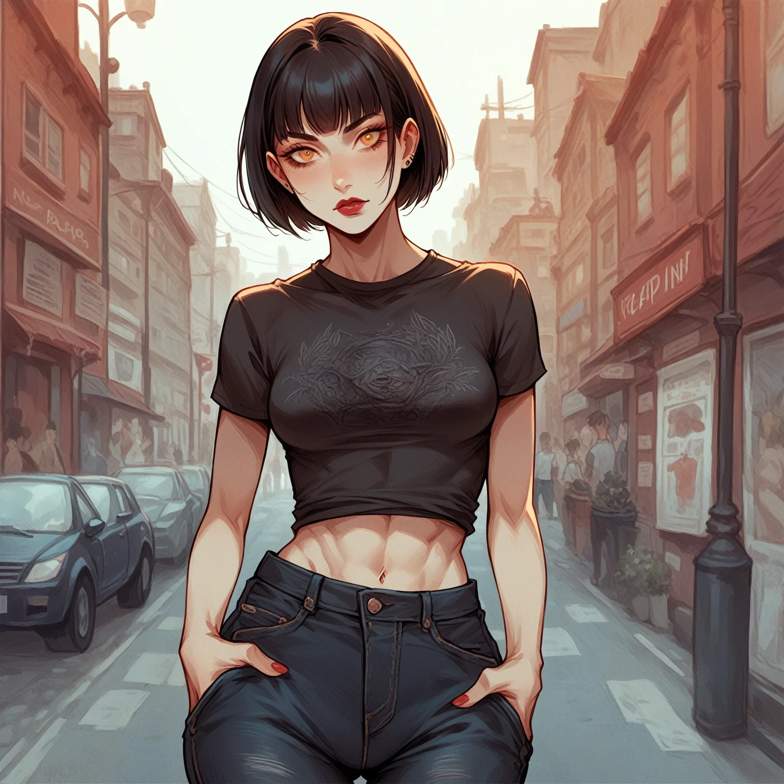 Redna comics,1 young woman, average and athletic build, 1m75 tall,red skin,average musculature, slim muscular, short black hair cut in a bob, amber eyes, hip hop streetwear clothing style,black baggy slim jeans, illustration ,full body, street in background