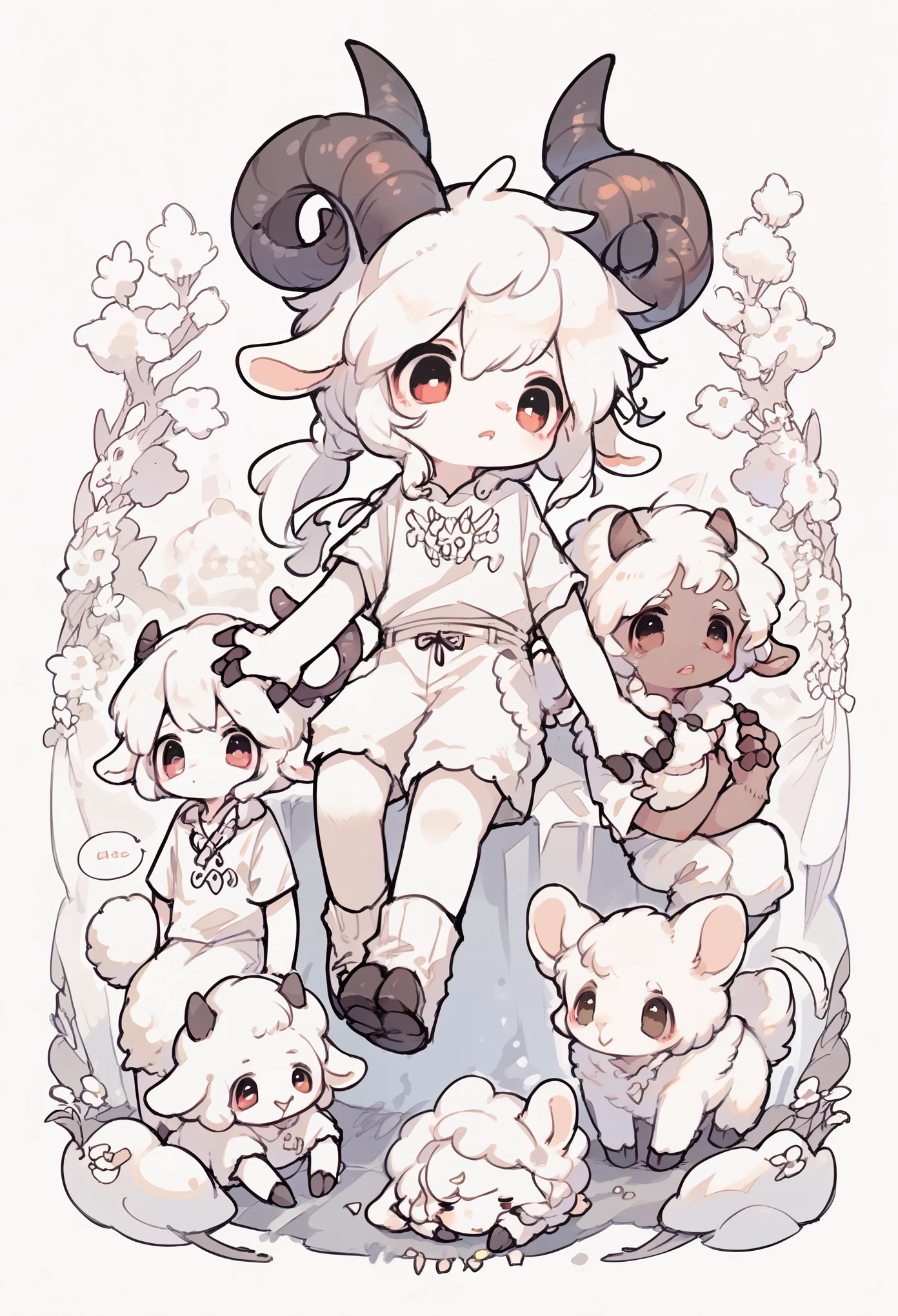 antelope boy，Sheep horns，Boys Features， white hair ，White Arm，Short sleeve，