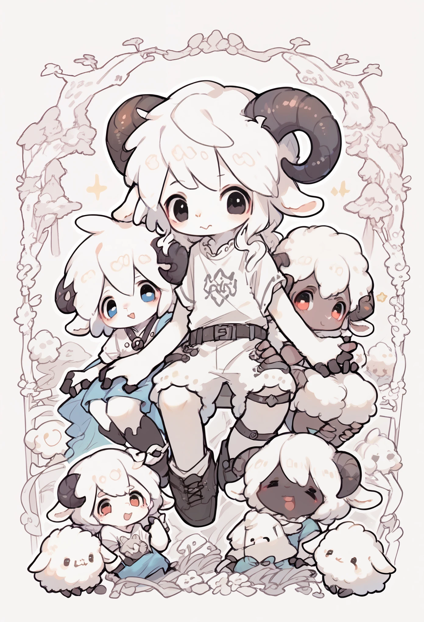 antelope boy，Sheep horns，Boys Features， white hair ，White Arm，Short sleeve，