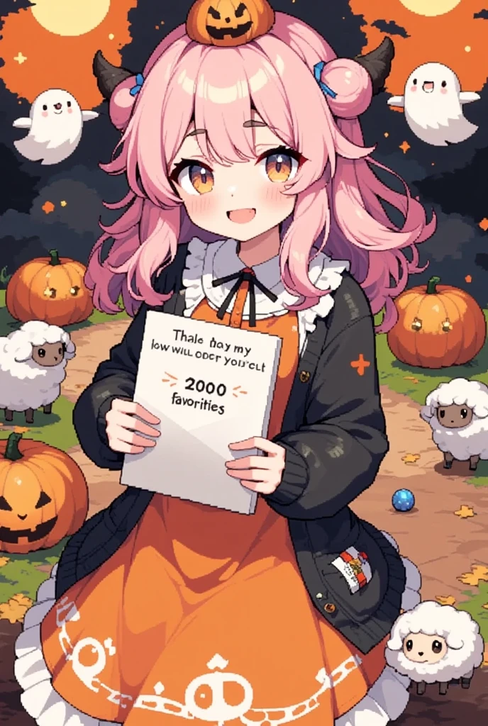 1girl, Alone, cute, Pink fluffy hair, Thick eyebrows,  big smile,  jack-o-lantern-looking hat, Pumpkin-colored dress ,  black cardigan with spider webs , cowboy shot,  holding a sketchbook in front of my chest , ”Thank you  for the 2,0000 favorites♥", cute sheep doodle , Orange and black background,  cute ghosts are flying in the sky , Bat silhouette, 