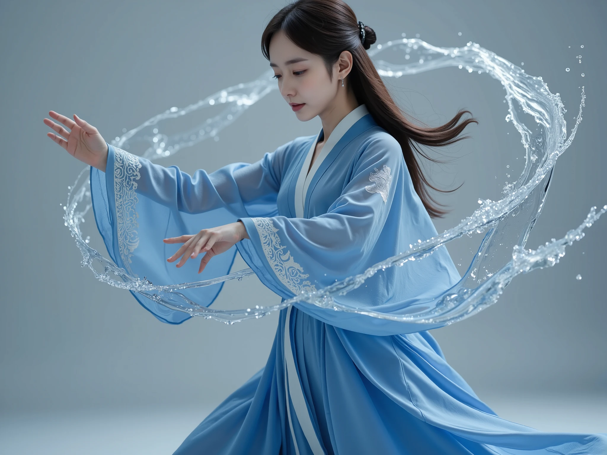 A hyper-realistic close-up photo of a young East-Asian woman, shown from the waist up, wearing an elegant blue hanfu as she fluidly manipulates streams of water with magical precision. Her upper body is turned slightly, with her waist and shoulders engaged in the motion, emphasizing the control and grace she exerts over the element. Her arms are positioned gracefully in front of her, hands outstretched and fingers delicately guiding the flowing water, which swirls dynamically around her. The movement in her torso, visible through the subtle tension in her shoulders and the way she leans slightly into the motion, conveys a sense of power and fluidity.
The water flows in natural, smooth arcs, catching the light in crystalline drops that shimmer as they move through the air. The clarity and flow of the water give the scene a dynamic quality, as though the liquid is alive, responding to her precise commands. Her hanfu’s soft blue fabric moves gently with her, the delicate embroidery along the sleeves reflecting the water patterns she controls, creating a seamless visual connection between her attire and the magic she wields.
Her expression is calm, focused, and confident, with her long dark hair flowing gently down her back, slightly stirred by the energy she is directing. Her posture, with her waist engaged and shoulders slightly forward, shows the skill and mastery she has over the water. The background is a muted gray, enhancing the vivid blue of her attire and the flowing water, bringing attention entirely to her movements and the magical energy she controls. The lighting highlights the subtle textures of her clothing and the soft glow of the water, creating an image that feels both powerful and serene.