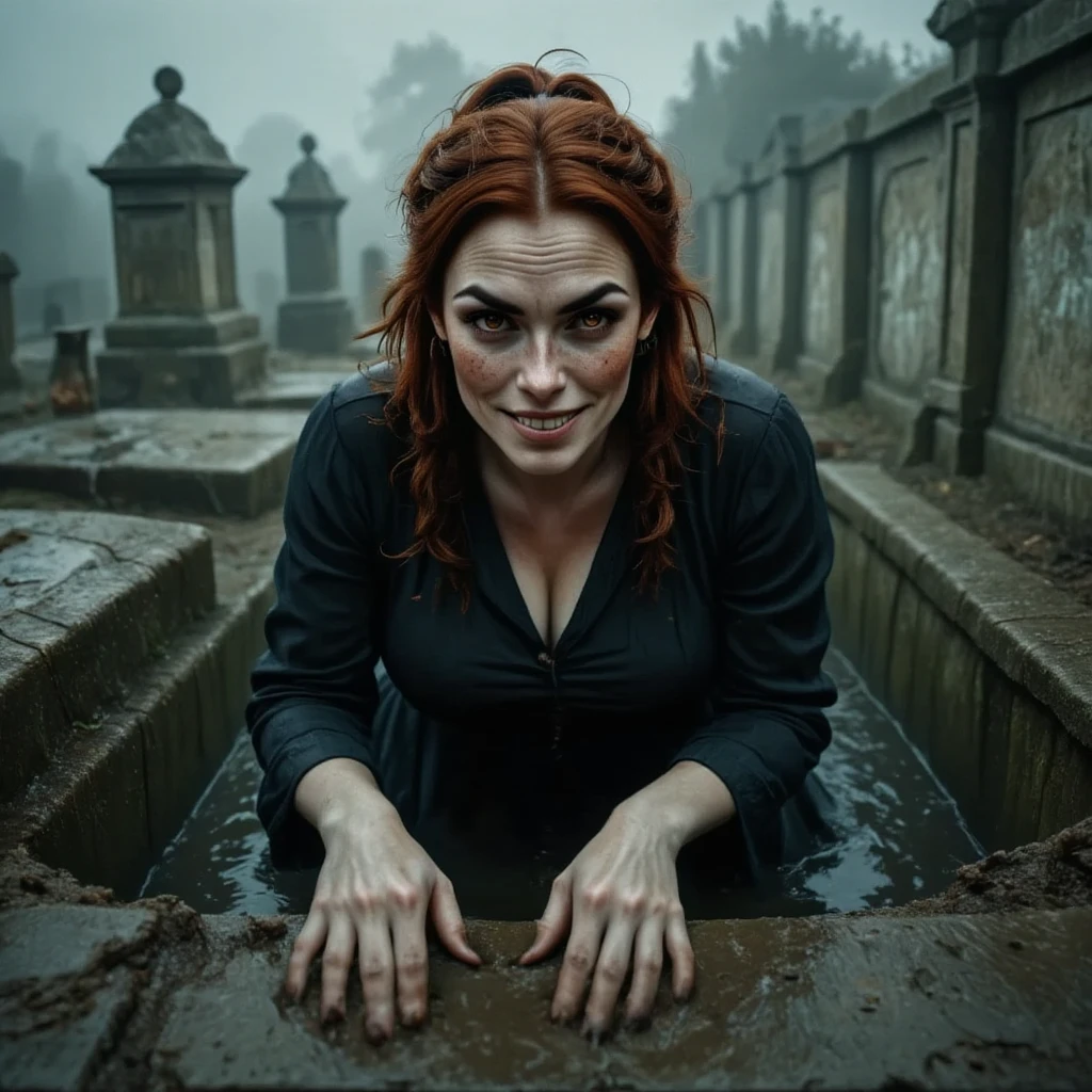 Photorealistic, cinematic style, a foggy cemetary. open grave. A woman is climbing out of the grave. Her legs are hidden from the view but her upper body is visible. Camera is on the grassroot level. She is a mature beautiful British woman. She has Brown eyes, downturned eye shape. looking in the camera. Scary smile. She has long reddish-brown hair, undercut hairdo. Some earth in her hair. Black dress. Perfect hand,HDR, intricate details, scary
