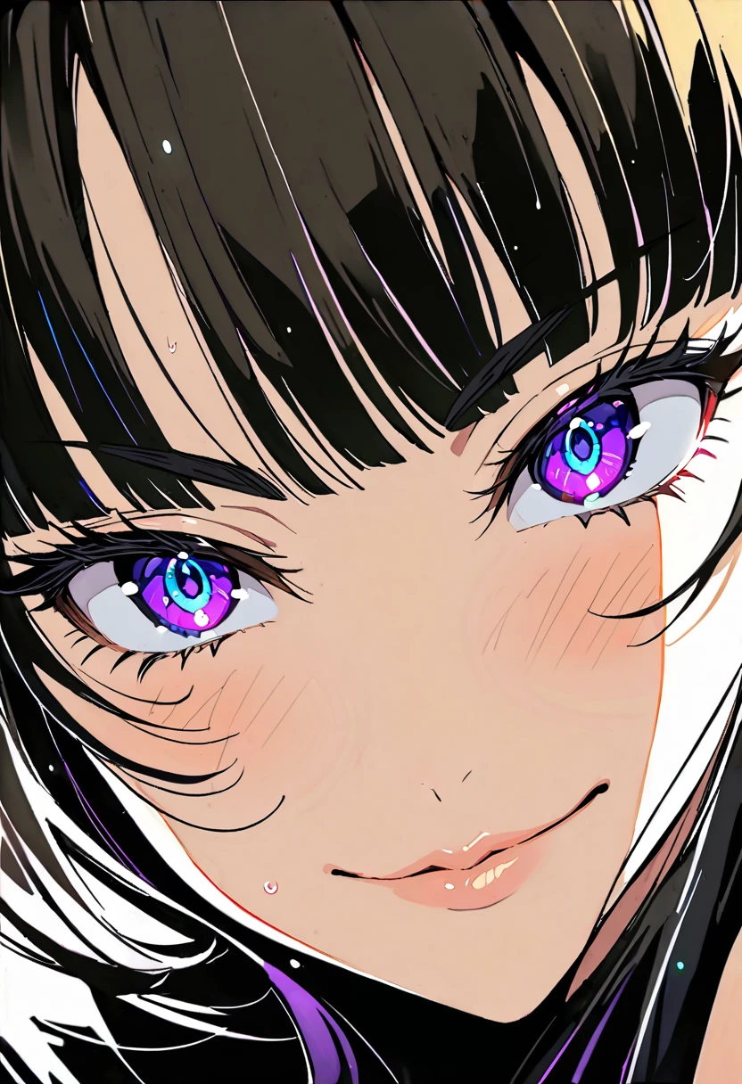 masterpiece:1.2, highest quality, Best aesthetics, source_anime, 1girl, solo, black hair, long hair, purple eyes, hime cut, ((headband)), japanese clothes, miko, smiling BREAK, (highest quality:1.2, Very detailed, High Detail, digital coloring, High Contrast), detailed and lined eyes, defined eyelashes, eye shadow, crystal clear eyes, Beautiful fine details, ((Detailed eyes)), Beautiful lip detail, Very detailed目と顔, Long eyelashes, (One girl),(( Close-up shot)), Portraiture, Lying in bed, Soft lighting, Calm colors, Graceful pose, sexy pose, open mouth, excited expression, Long Straight Hair, wet face, blush face.