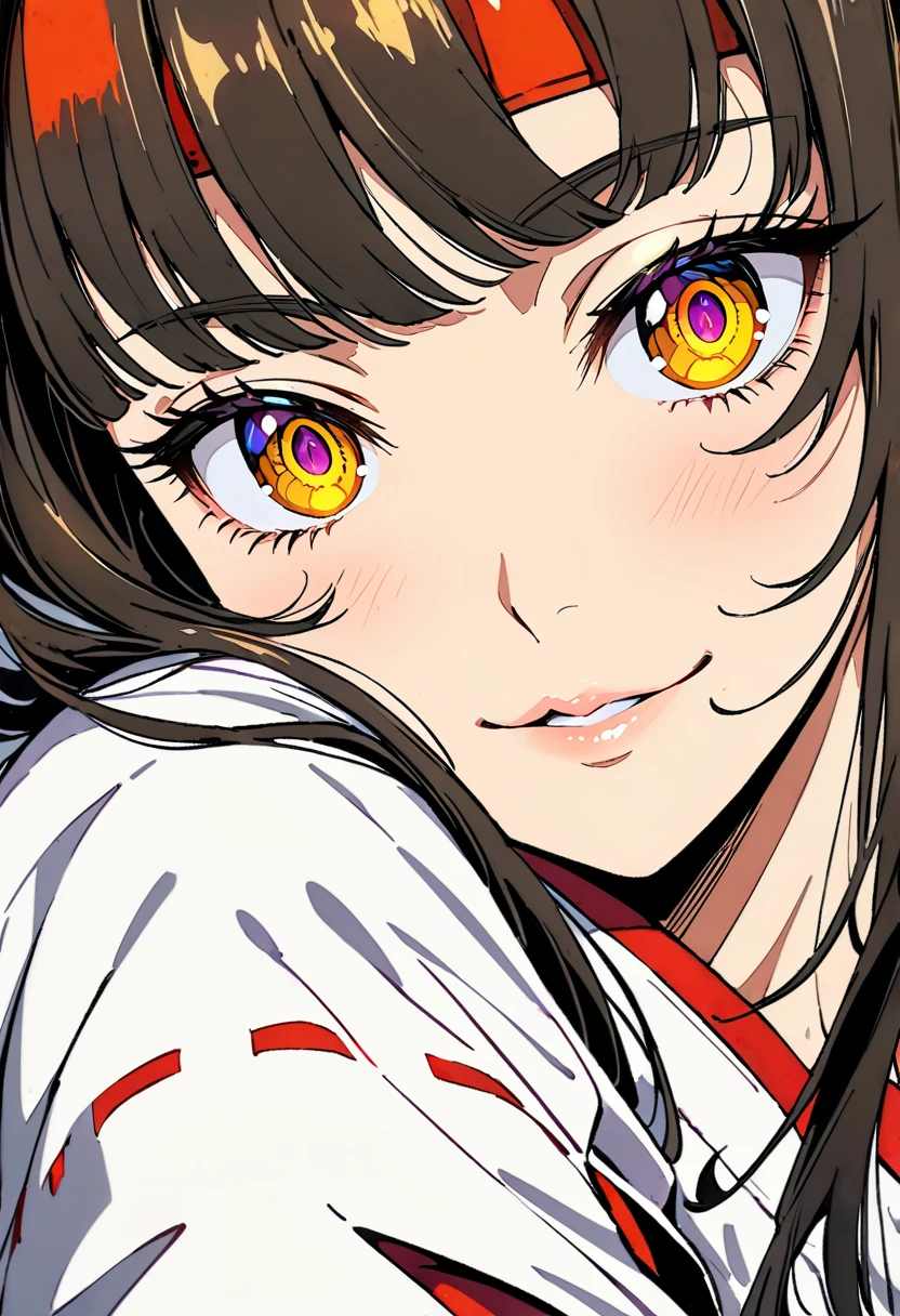 masterpiece:1.2, highest quality, Best aesthetics, source_anime, 1girl, solo, black hair, long hair, purple eyes, hime cut, ((headband)), japanese clothes, miko, smiling BREAK, (highest quality:1.2, Very detailed, High Detail, digital coloring, High Contrast), detailed and lined eyes, defined eyelashes, eye shadow, crystal clear eyes, Beautiful fine details, ((Detailed eyes)), Beautiful lip detail, Very detailed目と顔, Long eyelashes, (One girl),(( Close-up shot)), Portraiture, Lying in bed, Soft lighting, Calm colors, Graceful pose, sexy pose, open mouth, excited expression, Long Straight Hair, wet face, blush face.