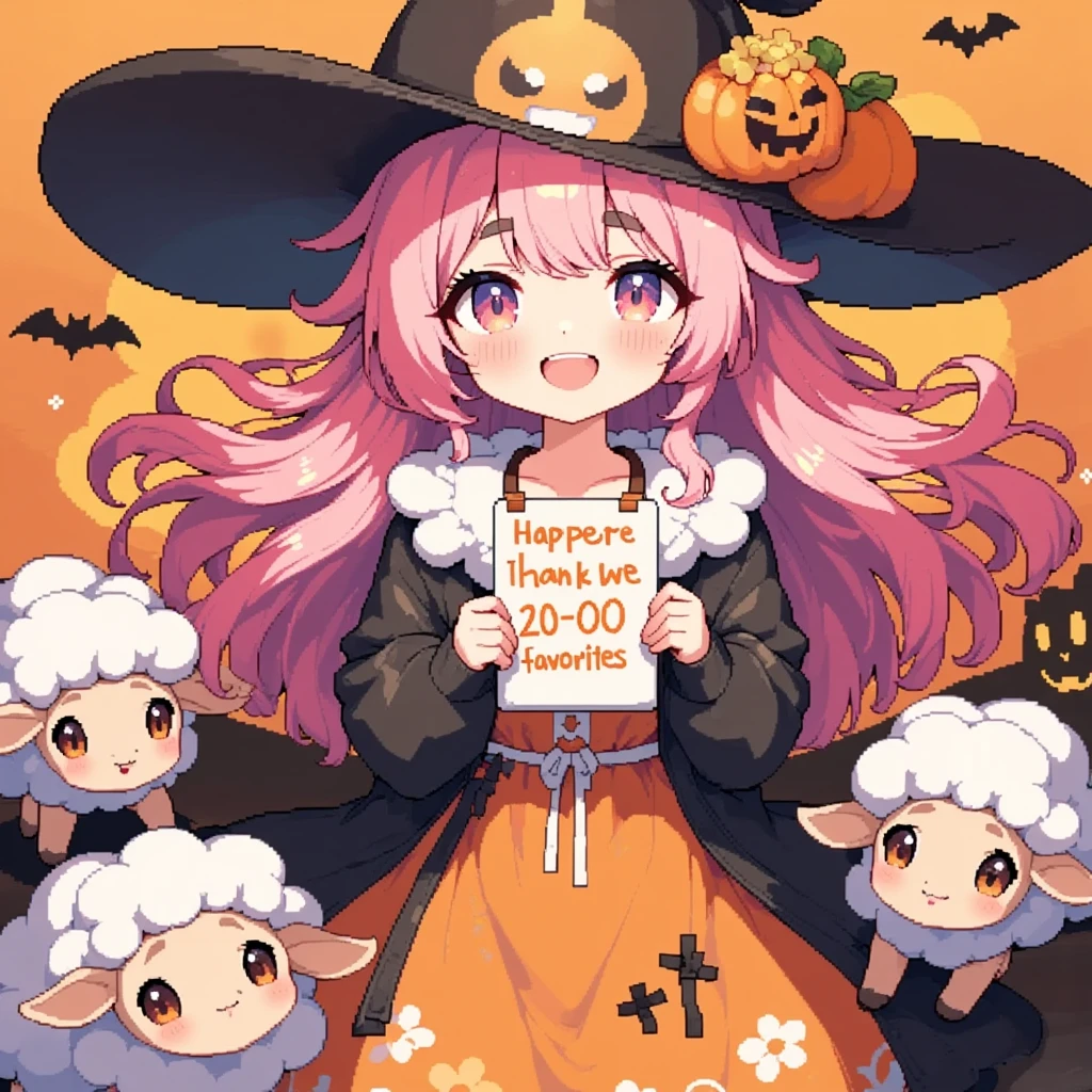 1girl, Alone, cute, Pink fluffy hair, Thick eyebrows,  big smile,  jack-o-lantern-looking hat, Pumpkin-colored dress ,  black cardigan with spider webs , cowboy shot,  holding a sketchbook in front of my chest , ”Thank you  for the 2,0000 favorites♥", cute sheep doodle , Orange and black background,  cute ghosts are flying in the sky , Bat silhouette, 