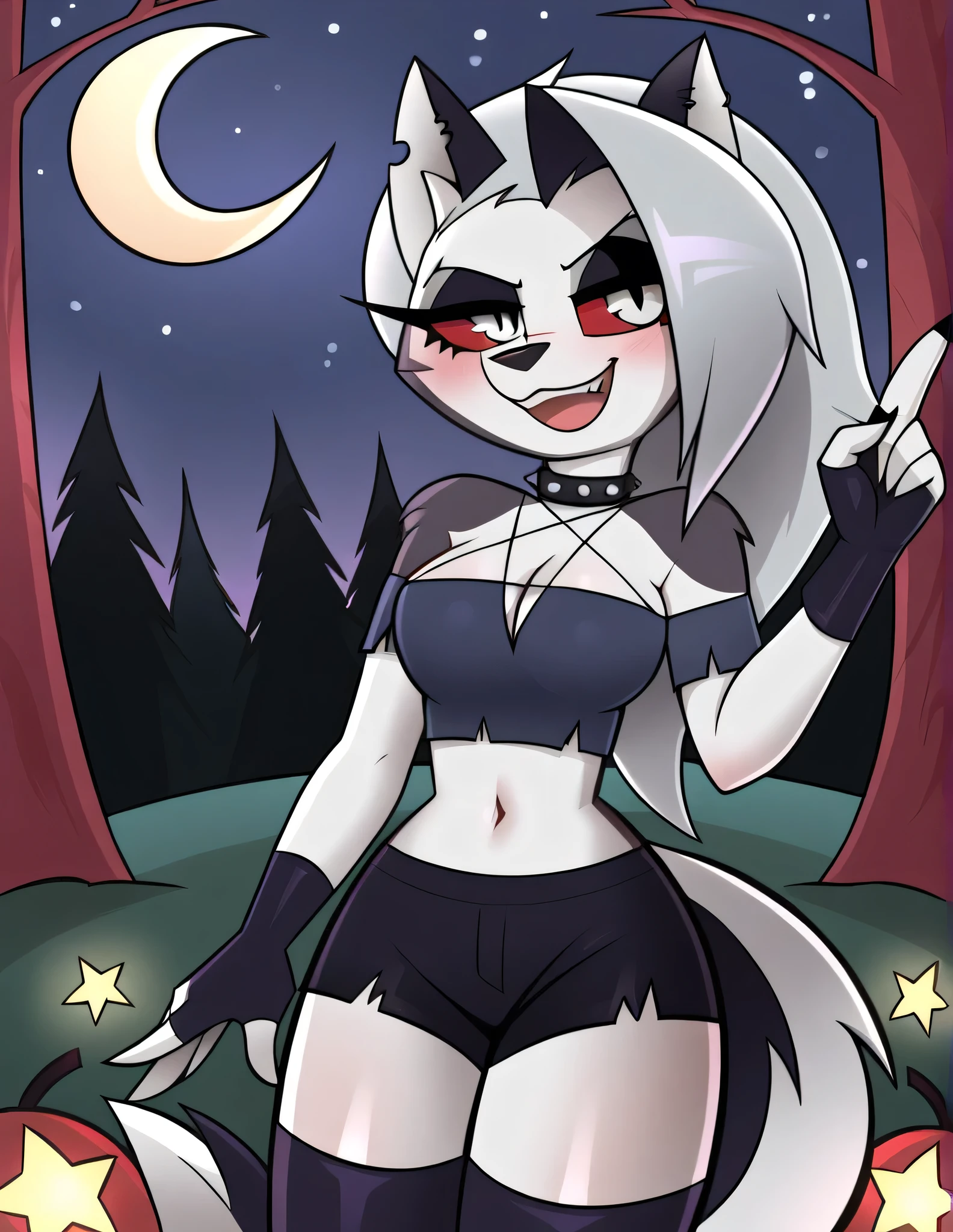 Loona(jizokumode ), hellhound, red sclera, Loona ( Hello boss ), regatta, fingerless gloves, Excited, Blep, forest, night, stars, Crescent Moon, Alone, smile ,new, Getting fucked by a furry