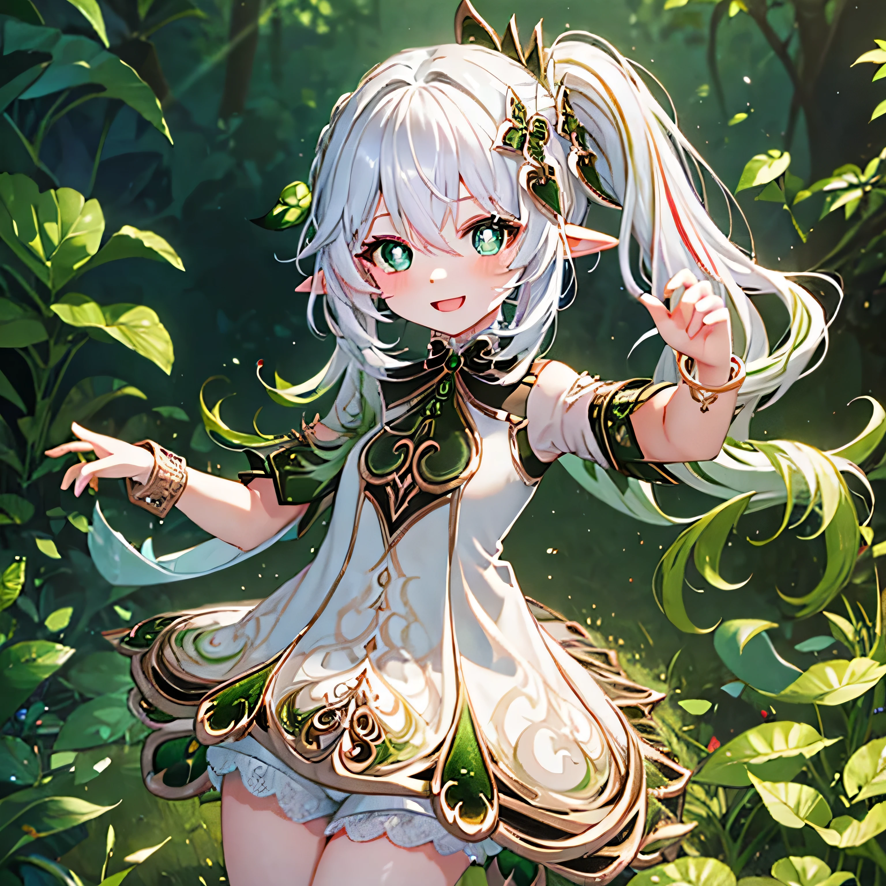best quality, masterpiece, highres, solo, {nahida_genshin:1.15}, long_hair, green_eyes, bangs, white skin, pointy_ears, hair_ornament, white_hair, symbol-shaped_pupils, multicolored_hair, side_ponytail, gradient_hair, green_hair, hair_between_eyes, cross-shaped_pupils, smile, jewelry, leaf_hair_ornament, bracelet, 1girl, detached_sleeves, dress, :d, looking_at_viewer, sidelocks, white_dress, open_mouth, blurry, blush, short_sleeves