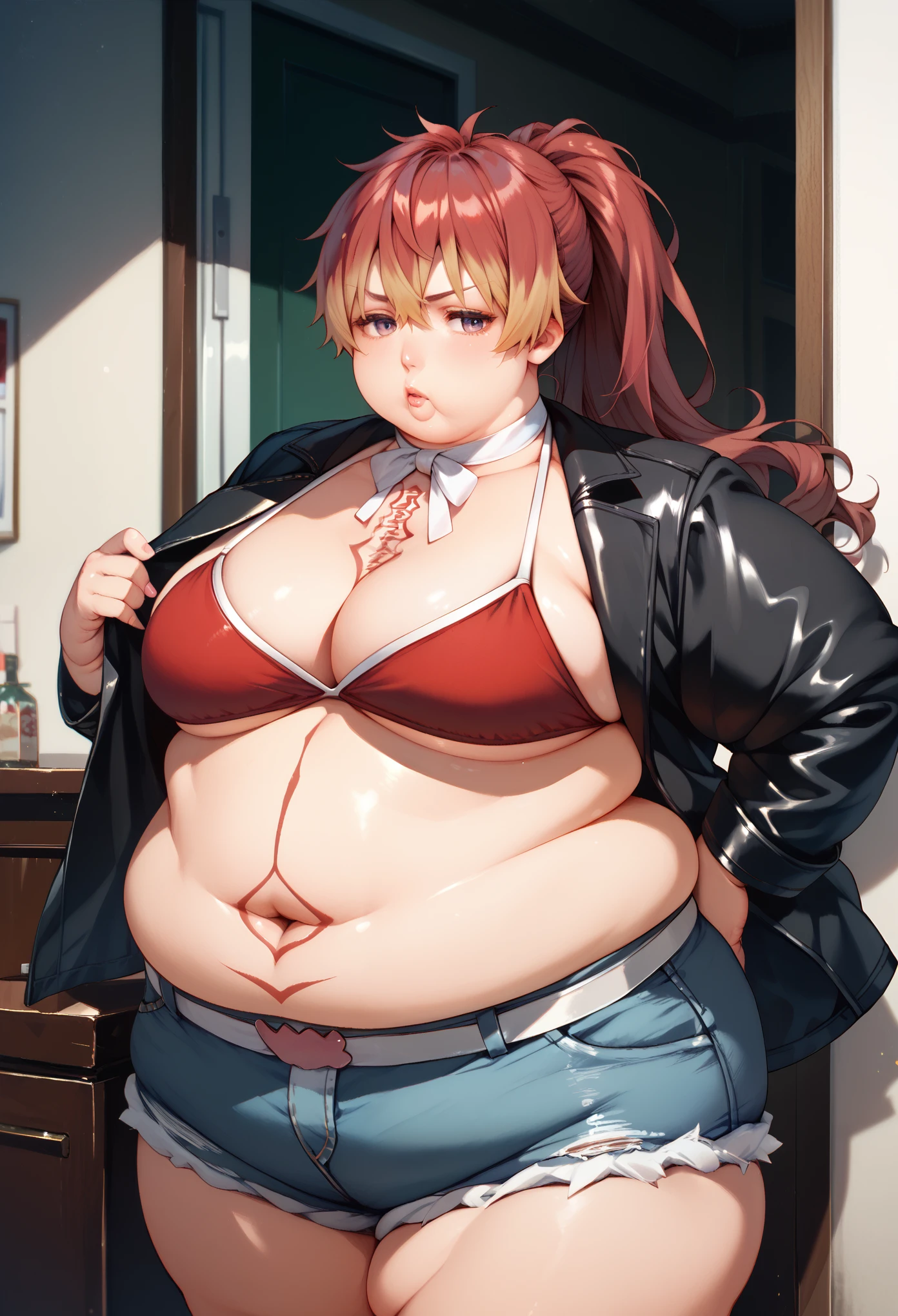 kirigakure shura, tattoo, ponytail
open clothes, black jacket, red bikini, bikini top only, denim shorts, cutoffs, short shorts, belt, white choker, navel, cleavage, fat, chubby, obese