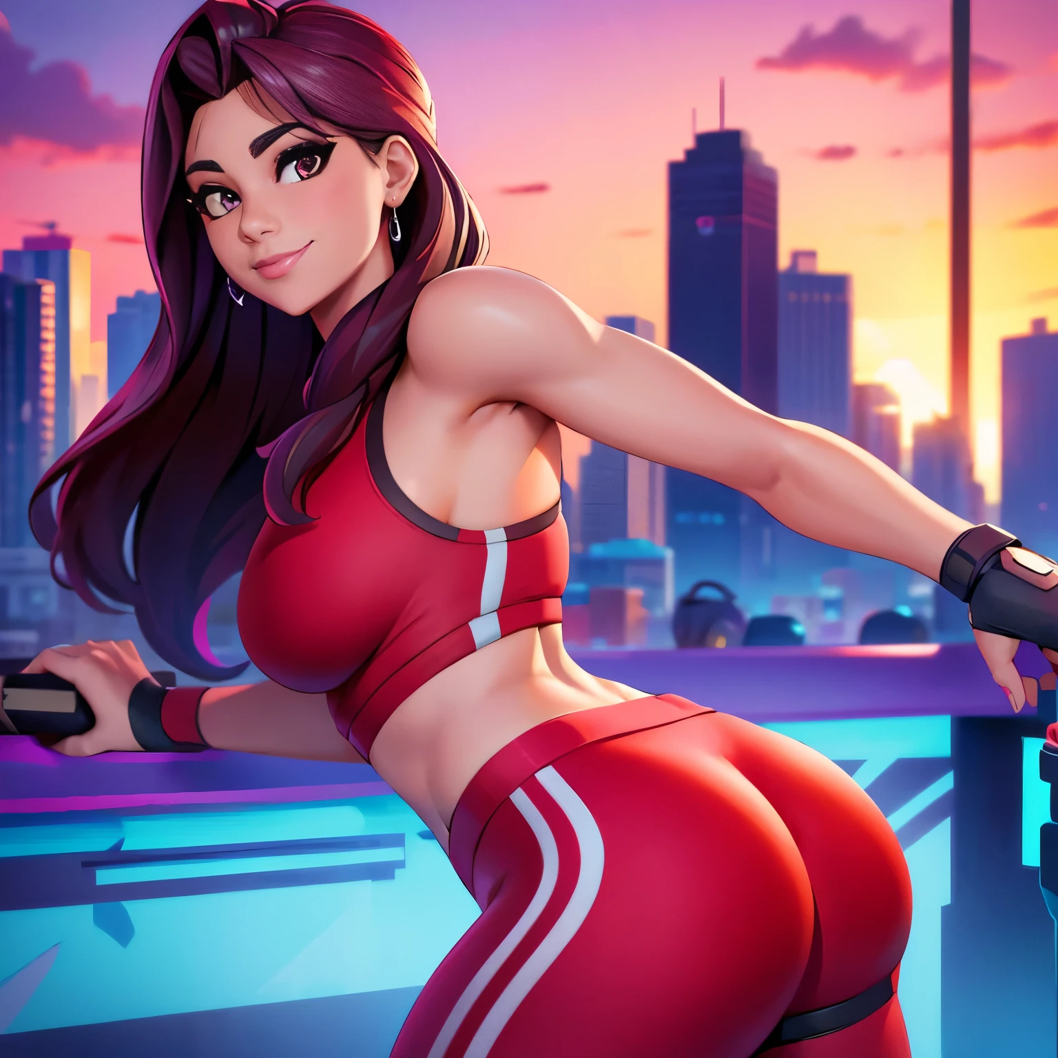 Ruby , (fortnite),1girl, solo, long hair, looking at viewer, smile, breasts, city background, butt, bare shoulders, tight shirt, closed mouth, portrait, red sweatshirt, skin tight pants, red sports pants, seductive, realistic, best quality, masterpiece, ultra detail, ultra high res, extreme detail, 8k, uhd