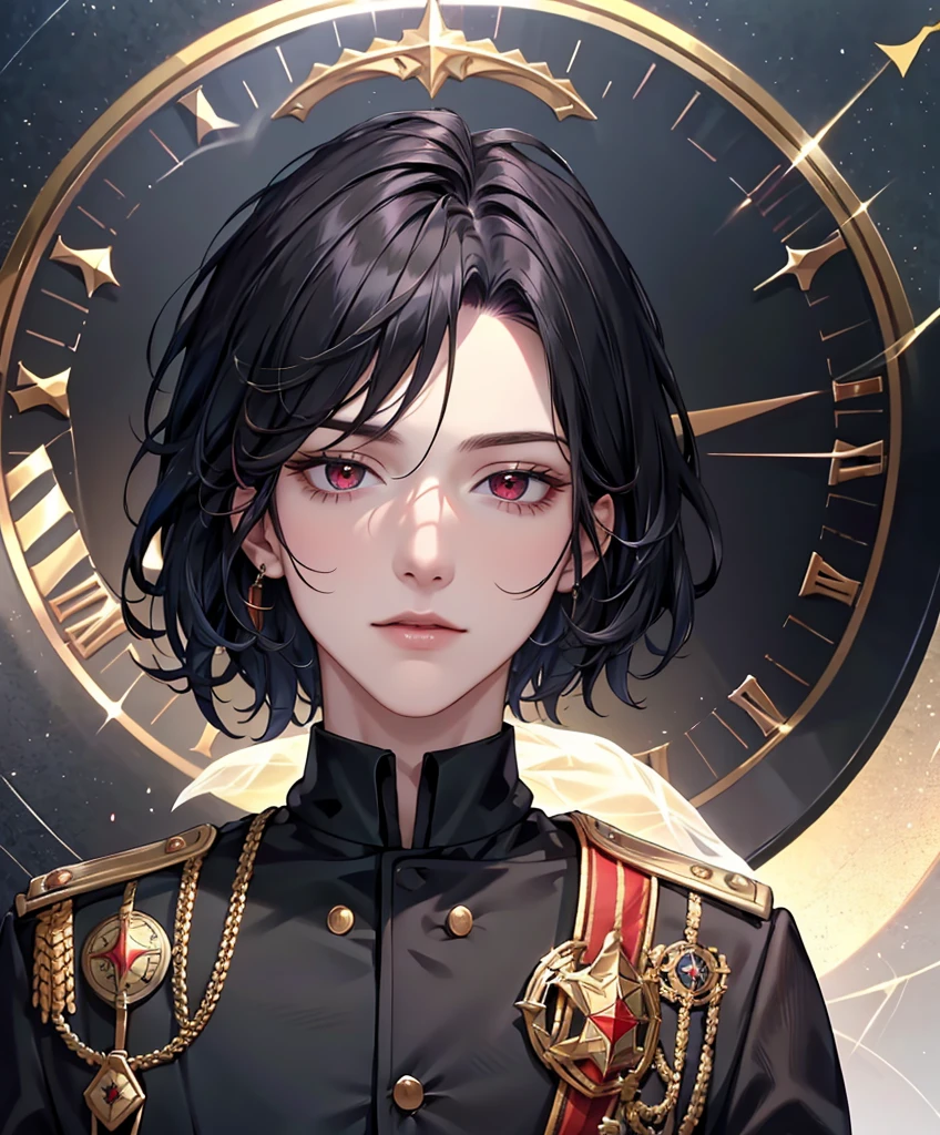 Realistic Portrait, Elegant young boy(1 male), he has heterochromatic eyes with one red eye and the other black eye, black hair, short hair, noble military uniform, focus on face, close-up shot, halo of a golden clock is behind his head, he is facing the viewer straight, show only his upper body, up to waist, soft light, high detail, 4k resolution, high quality, beautiful CG