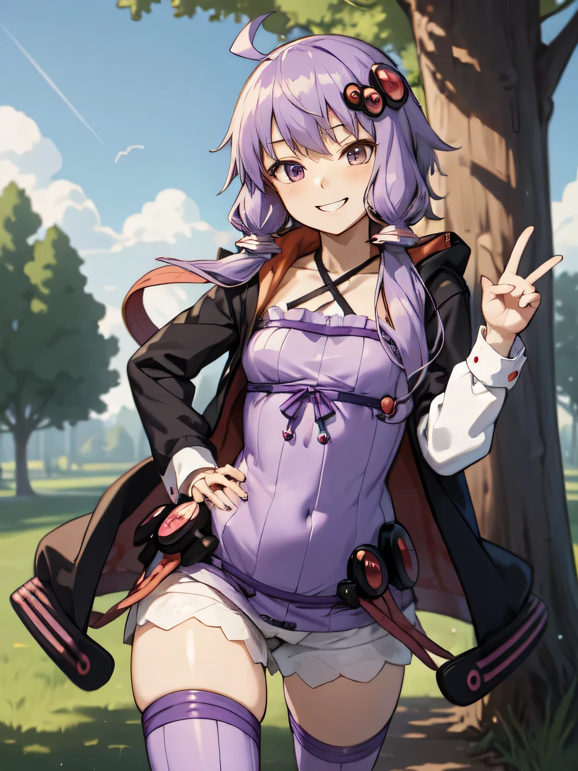 masterpiece, best quality,  yuzuki yukari, ahoge, hair ornament, hooded jacket, rabbit hood, long sleeves, purple dress, halterneck, purple thighhighs, cowboy shot, waving, hand to hip, looking at viewer, grin, park, trees, sky