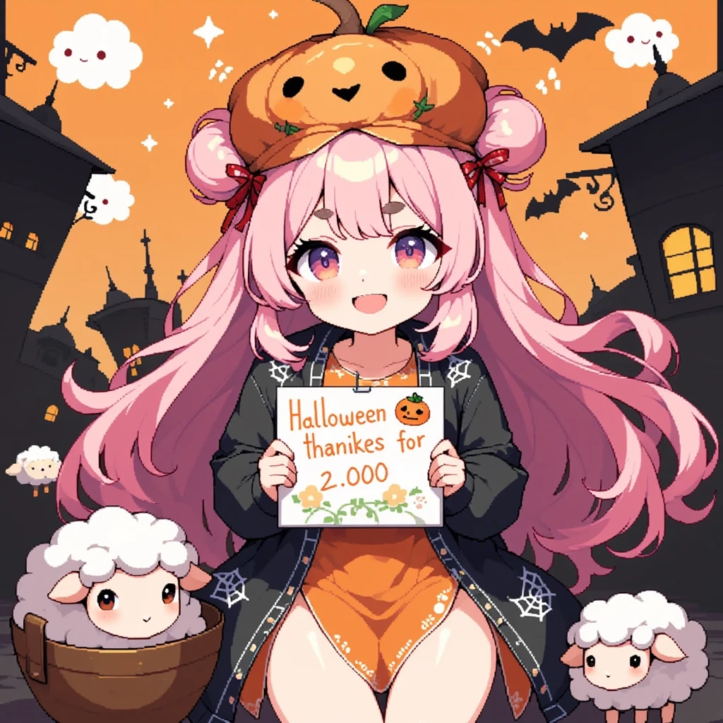 1girl, Alone, cute, Pink fluffy hair, Thick eyebrows,  big smile,  jack-o-lantern-looking hat, Pumpkin-colored dress ,  black cardigan with spider webs , cowboy shot,  holding a sketchbook in front of my chest , ”Thank you  for the 2,0000 favorites♥", cute sheep doodle , Orange and black background,  cute ghosts are flying in the sky , Bat silhouette, 