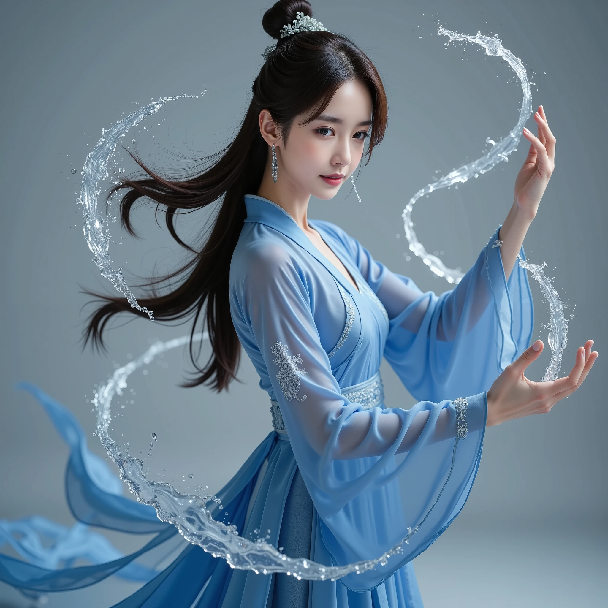 A hyper-realistic close-up photo of a young East-Asian woman, shown from the waist up, wearing an elegant blue hanfu as she fluidly manipulates streams of water with magical precision. Her upper body is turned slightly, with her waist and shoulders engaged in the motion, emphasizing the control and grace she exerts over the element. Her arms are positioned gracefully in front of her, hands outstretched and fingers delicately guiding the flowing water, which swirls dynamically around her. The movement in her torso, visible through the subtle tension in her shoulders and the way she leans slightly into the motion, conveys a sense of power and fluidity.

The water flows in natural, smooth arcs, catching the light in crystalline drops that shimmer as they move through the air. The clarity and flow of the water give the scene a dynamic quality, as though the liquid is alive, responding to her precise commands. Her hanfu’s soft blue fabric moves gently with her, the delicate embroidery along the sleeves reflecting the water patterns she controls, creating a seamless visual connection between her attire and the magic she wields.

Her expression is calm, focused, and confident, with her long dark hair flowing gently down her back, slightly stirred by the energy she is directing. Her posture, with her waist engaged and shoulders slightly forward, shows the skill and mastery she has over the water. The background is a muted gray, enhancing the vivid blue of her attire and the flowing water, bringing attention entirely to her movements and the magical energy she controls. The lighting highlights the subtle textures of her clothing and the soft glow of the water, creating an image that feels both powerful and serene.