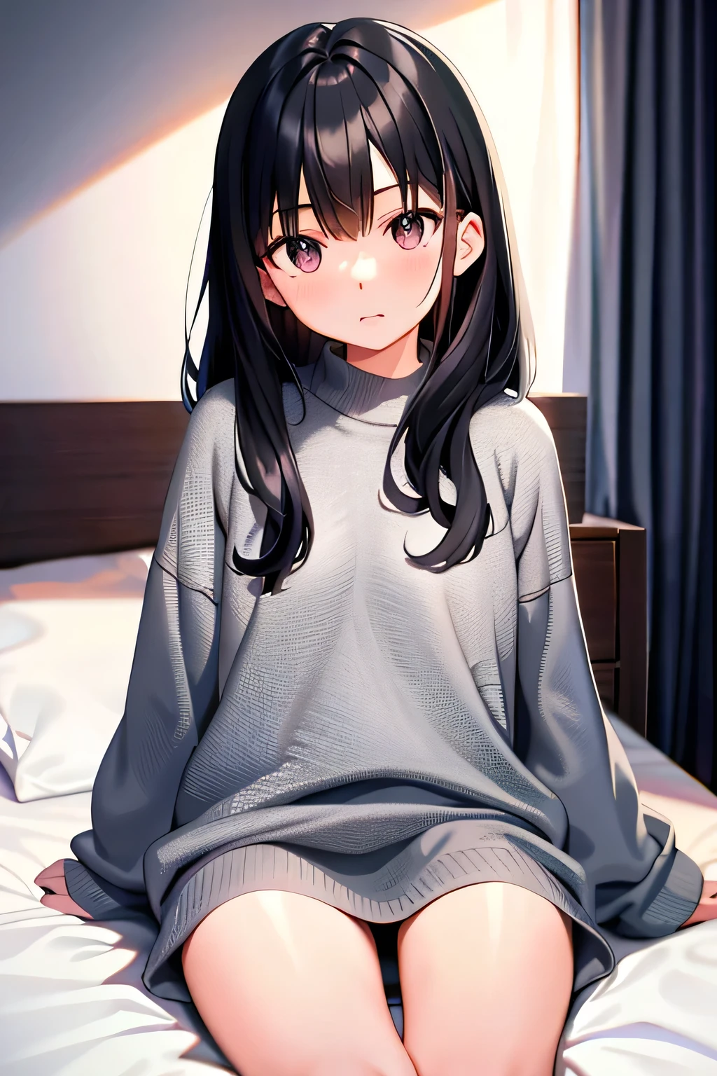 best quality, masterpiece,long sleeves sweater,sitting,no bottoms,big size sweater,long sleeves