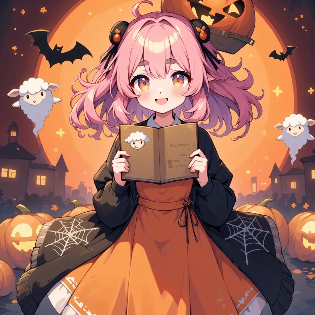 1girl, Alone, cute, Pink fluffy hair, Thick eyebrows,  big smile,  jack-o-lantern-looking hat, Pumpkin-colored dress ,  black cardigan with spider webs , cowboy shot,  holding a sketchbook in front of my chest , ”Thank you  for the 20k favorites♥", cute sheep doodle , Orange and black background,  cute ghosts are flying in the sky , Bat silhouette, 