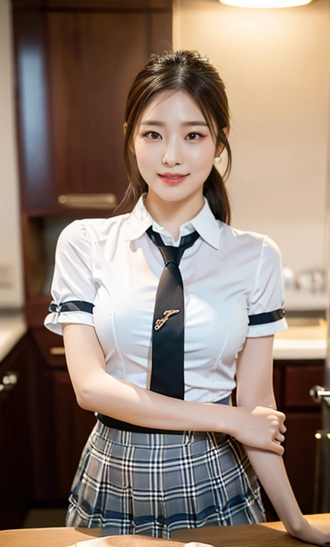 masterpiece, Highest quality, Super detailed, One girl, Alice, White jacket, White shirt, Blue tie, Pleated skirt, Hello, indoor, Smile Big breasts are about to burst her clothes