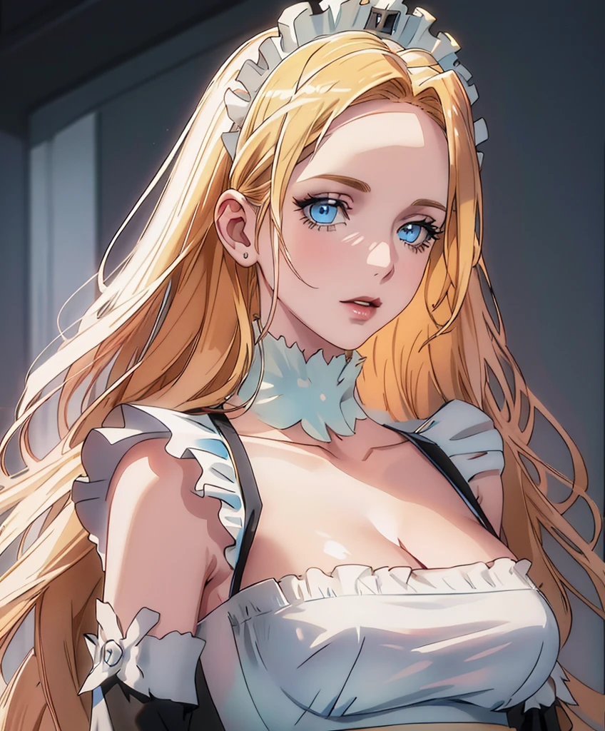 Realistic Portrait, Elegant mature woman (1 female), with icy blue eyes, blonde hair, long hair, her forehead is covered in hair, focus on face, close up shot, cleavage, gothic black and white maid outfit, white maid headband, white frills at shoulders, only upper body, up to waist, soft light, high detail, 4k resolution, high quality, beautiful CG