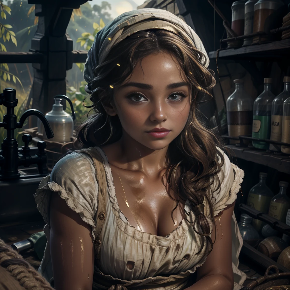 young woman with a *********** face , beautiful. Peasant, working in the field, sweating, big marked breasts, At dusk, wavy brown hair,  with a headscarf. Sweaty, sensual, Strong gaze, country woman.