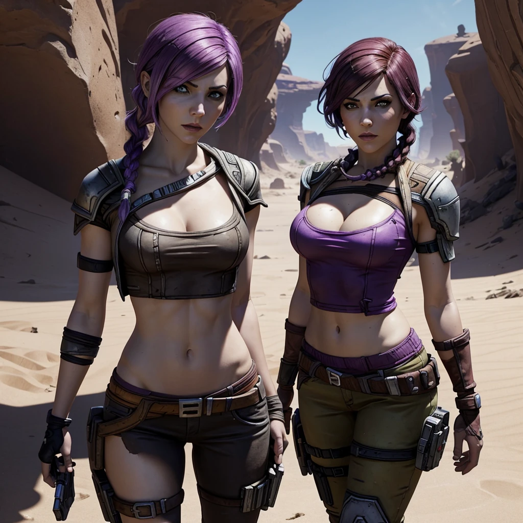 Just a woman. Hot Caucasian woman. With a nice and fitness body. Round and firm breasts. She has purple hair, with just one braid. Her eyes are light-colored. The woman is cosplaying as the character Lilith from the game Borderlands. Her clothes are a purple variation of Lilith's clothes. She is in a desert on the planet Pandora from the game Borderlands, during a sunny day. Detailed image. High resolution. Dynamic lighting and dynamic shadows. Realistic.