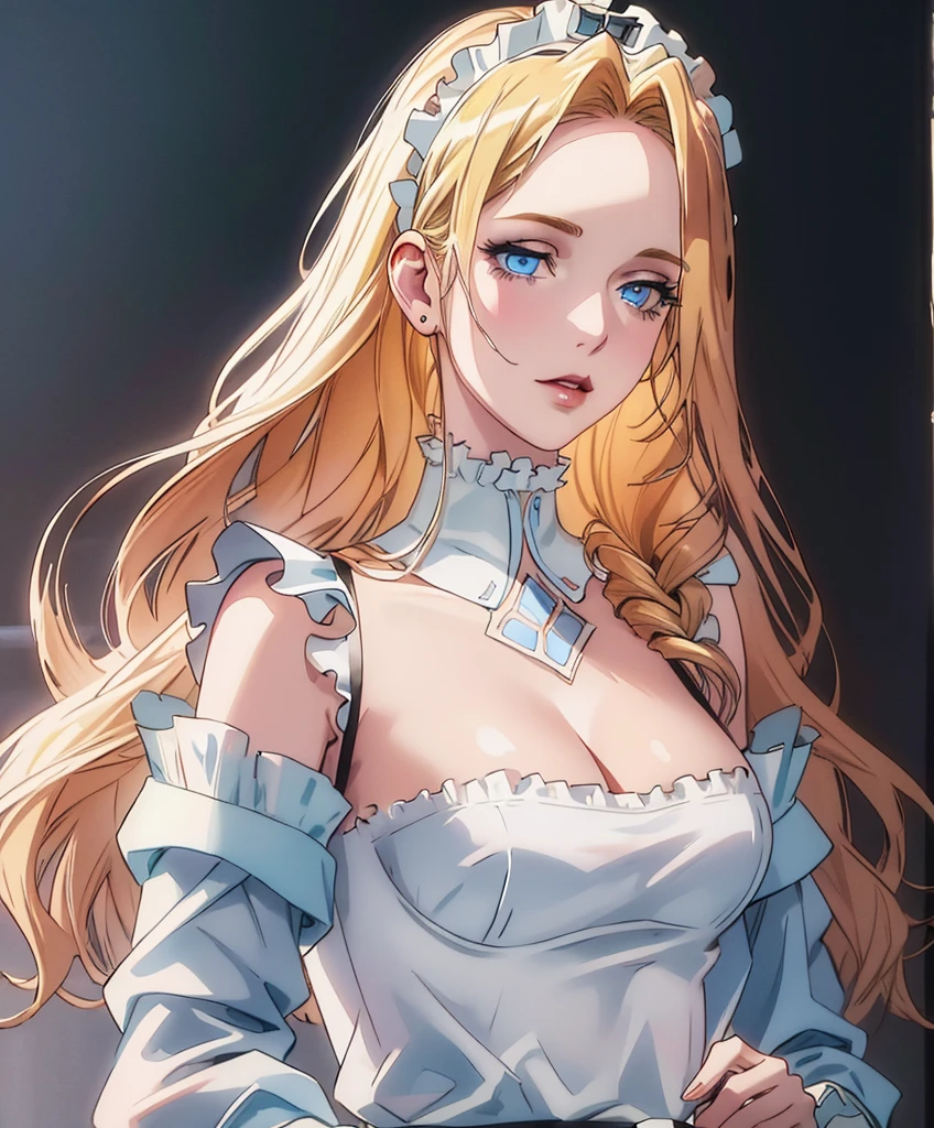 Realistic Portrait, Elegant mature woman (1 female), with icy blue eyes, blonde hair, long hair, her forehead is covered in hair, focus on face, close up shot, cleavage, gothic black and white maid outfit, white maid headband, white frills at shoulders, only upper body, up to waist, soft light, high detail, 4k resolution, high quality, beautiful CG