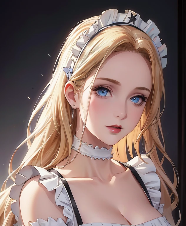 Realistic Portrait, Elegant mature woman (1 female), with icy blue eyes, blonde hair, long hair, her forehead is covered in hair, focus on face, close up shot, cleavage, gothic black and white maid outfit, white maid headband, white frills at shoulders, only upper body, up to waist, soft light, high detail, 4k resolution, high quality, beautiful CG