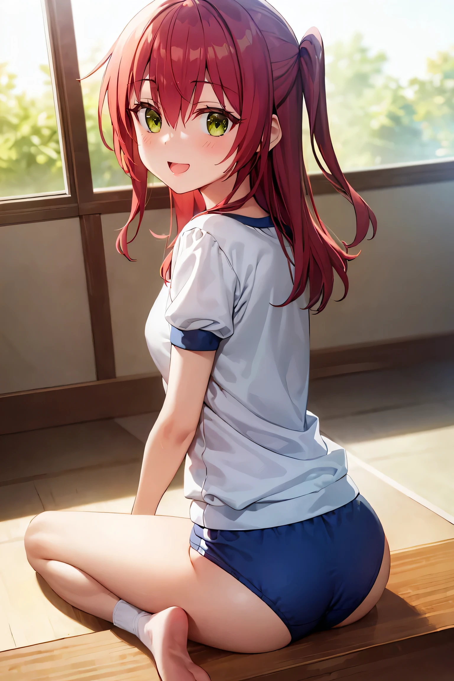 room, 1 Girl, Highest quality, Ultra-high resolution, Long Hair, Redhead, Green Eyes,Looking at the audience, Small breasts , smile, Open your mouth、Cowboy Shot、sitting on a gymnasium bar(Navy blue cuffs and white short-sleeved gym uniform)、(Navy Blue Bloomers)、(
barefoot)、Navy blue socks、Backwards、look back