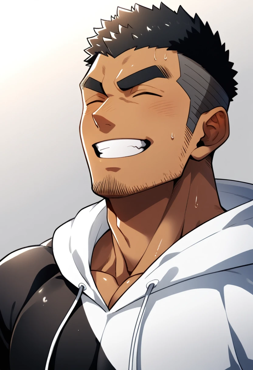 One Black person, anime characters：Gyee, Young Muscle Sports Sexy Teacher, sweat, negro black skin, pectoralis major, male focus, White hooded sports sweatshirt, Wear a black high-necked tights inside, Very tight, muscular male, muscular, only, Upper body, White short hair, Thick eyebrows, stubble, Grey background, simple background, amazing quality, best aesthetics, Ridiculous,crew cut, parted lips, Show your teeth, Embarrassed giggles, He smiled and narrowed his eyes, Squinting smile, best quality