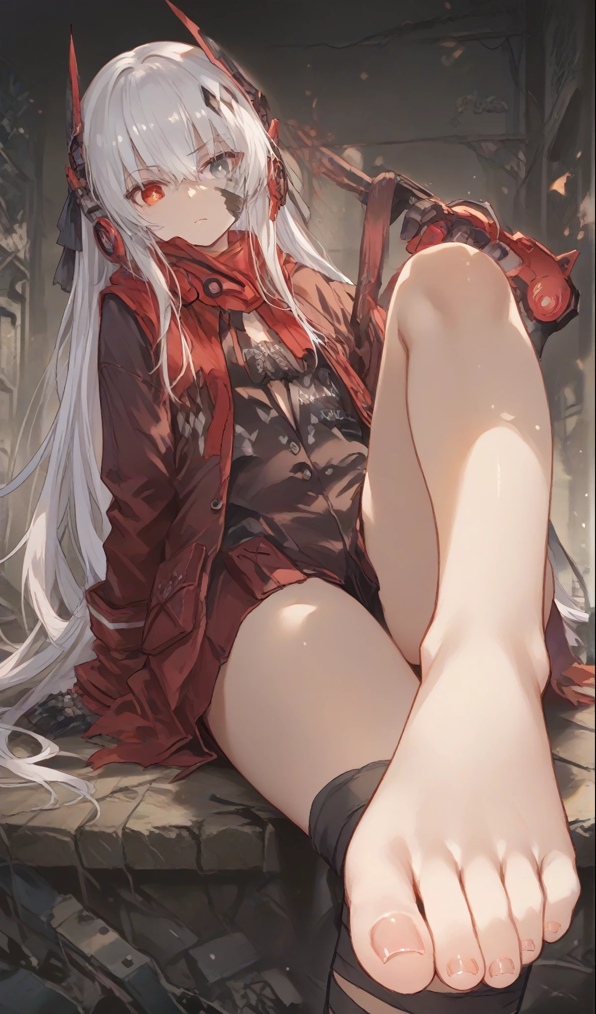 zPDXL2, score_9_up, score_8_up, score_7_up, (Anime_source), 1girl,, CrimsonAbyss, Heterochromia, red eye, grey eye, white hair, Crimson clothes, headgear, (bandaged leg),
,sitting,one leg forward,foot