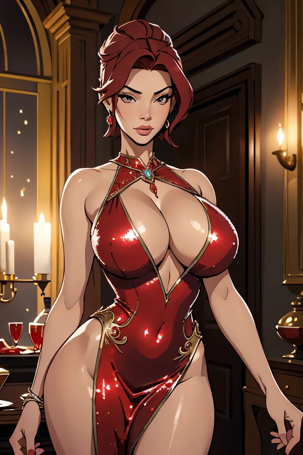 Best quality, masterpiece, realistic, Beautiful sexy cool tall, slim, fit woman, wearing fancy silver-red sequin party dress, intricate and highly detailed, deep cleavage, short red hair, body chain, jewelry, perfect firm breasts