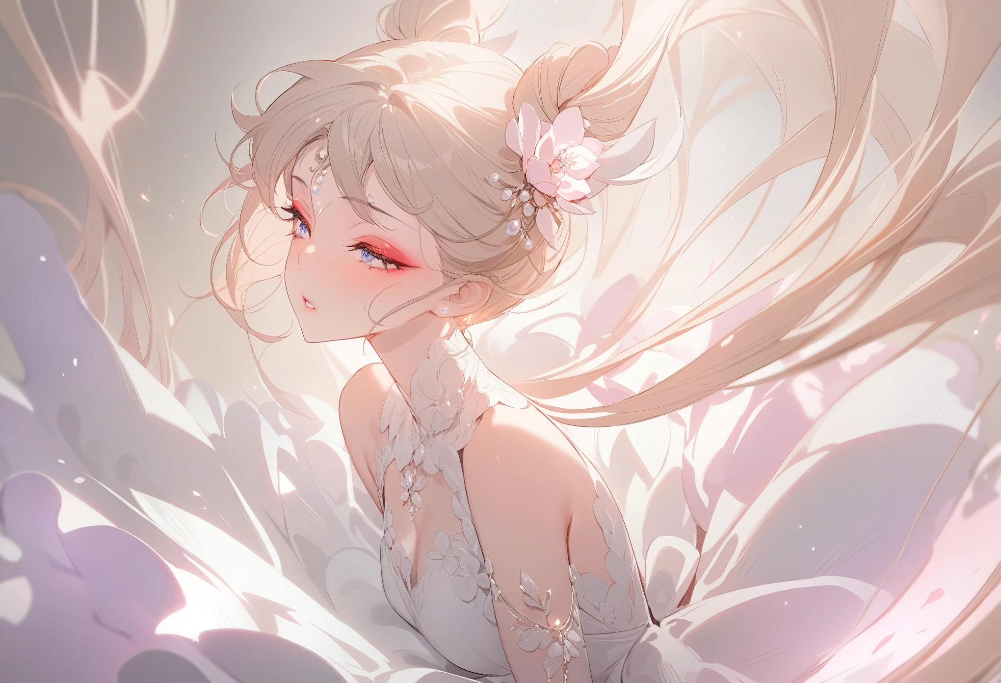 (masterpiece, best quality:1.2), 1 Girl, Solitary, Skin details, Beautiful facial features, Exquisite makeup, Exquisite eyes, Eye details, Gorgeous dress, Dynamic posture, Close your eyes, Hair, Shimmer
