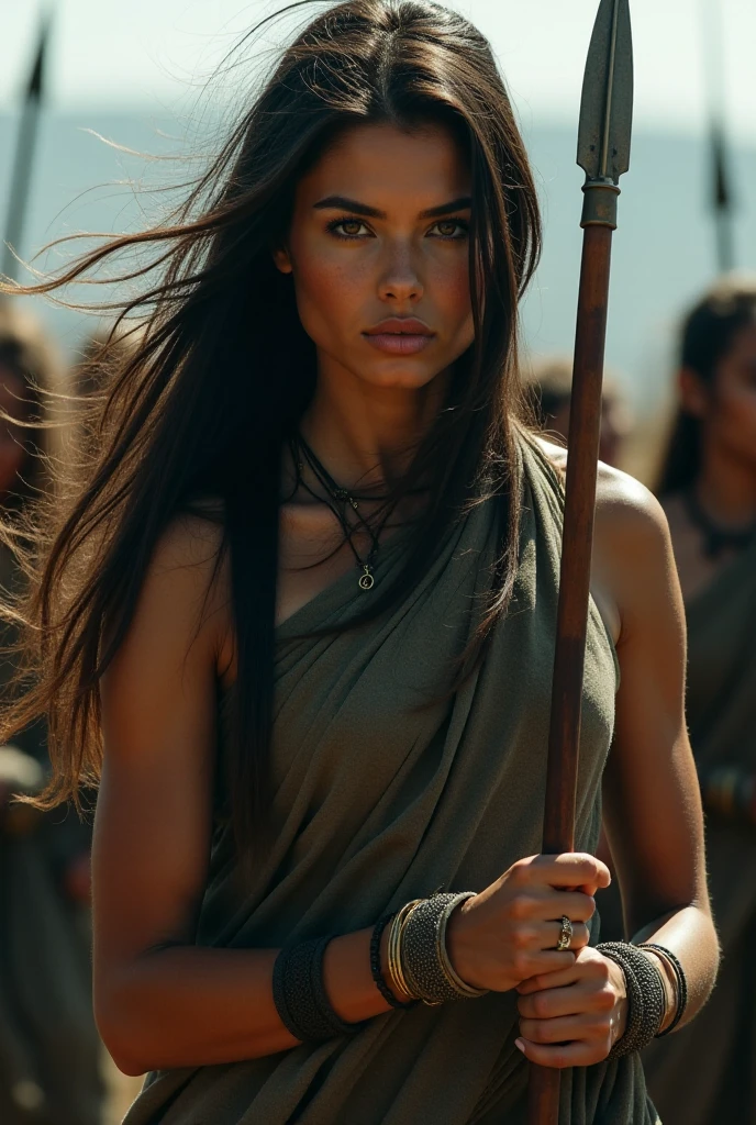 A solo scene of a determined warrior woman, her ash-colored attire blending with flowing shadows, reveals her fierce pride. Her exaggerated facial features strongly express her defiance, while the wind tousles her hair wildly. In her hand, she grips a spear that gleams softly in the dim light, focusing on her unwavering gaze. Behind her, blurred shapes hint at the presence of her tribe, creating an atmosphere of collective strength and resilience in their shared struggle.
