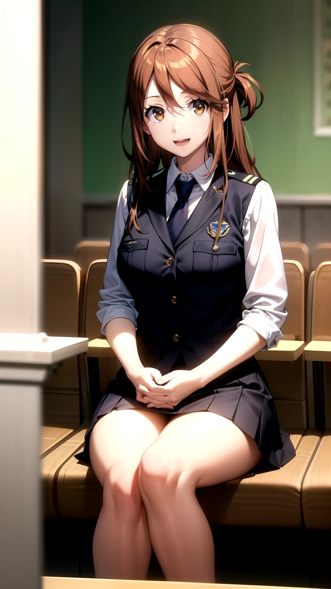 (masterpiece) ( best quality ) ( Details) (8k) ( Kampala) (wallpaper) (Cinema Lighting) (Sharp focus),(RAW Photos), RW Feast , opens her mouth, smile, Brown Eyes , Brown Hair, Long Hair, police uniform , vest, collared shirt, skirt, Blue tie, viewers are watching, 1 girl、Alone、ミニskirt、Thighs