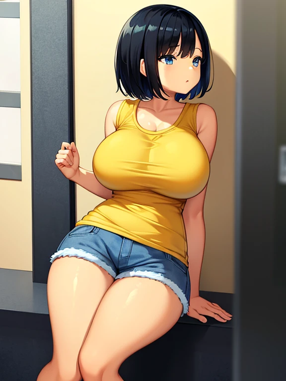 Black Hair、Blue eyes、Brown skin、Big Breasts、short hair、 yellow t-shirt、 blue short jeans、Open legs legs 、look back、Inner thighs、Put your hands on the wall