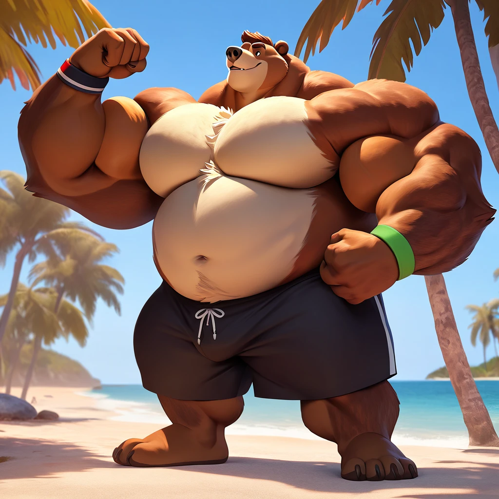 huge muscular kodiak bear in Tropical island beach, big grr, kodiak bear, huge brown fur, thick arm, huge arm, huge white fur, thick arm, huge arm, added brown mustache, added brown beard, short hair, height: 220cm, weight: 440lbs, (veiny bulked up muscular, pectoral, wide pectoral, thick bulky arms), Walt Disney 2D Zootopia Animation Art Style, detailed light brown eyebrows, detailed eyes with red pupils, (wearing black swim trunks with red slits, wristbands, shirtless, topless and feet), bouncing his pecs, flexing his biceps and his thorax