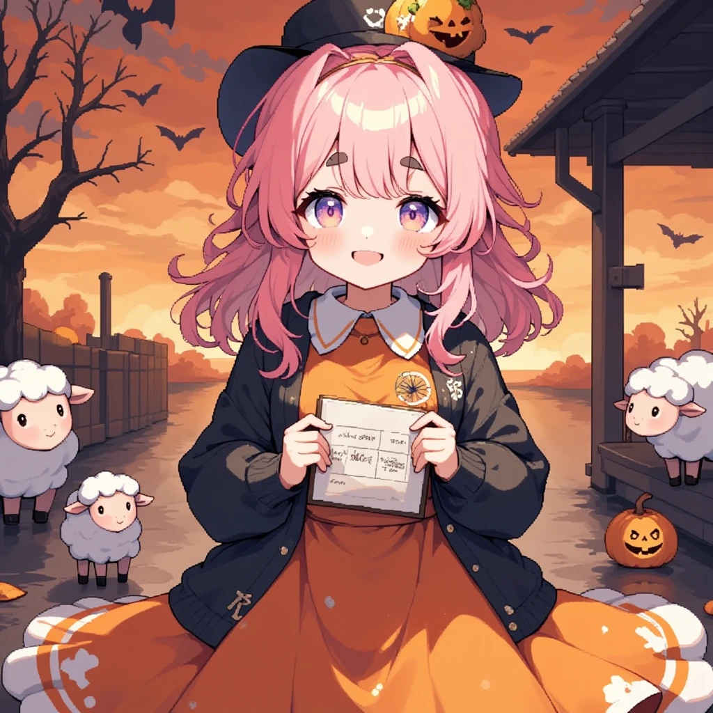 1girl, Alone, cute, Pink fluffy hair, Thick eyebrows,  big smile,  jack-o-lantern-looking hat, Pumpkin-colored dress , black cardigan with beautiful spider web decoration, cowboy shot,  holding a sketchbook in front of my chest , "Thank you  for the 20k favorites♥":1.3, cute sheep doodle , Orange and black background,  cute ghosts are flying in the sky , Bat silhouette, 