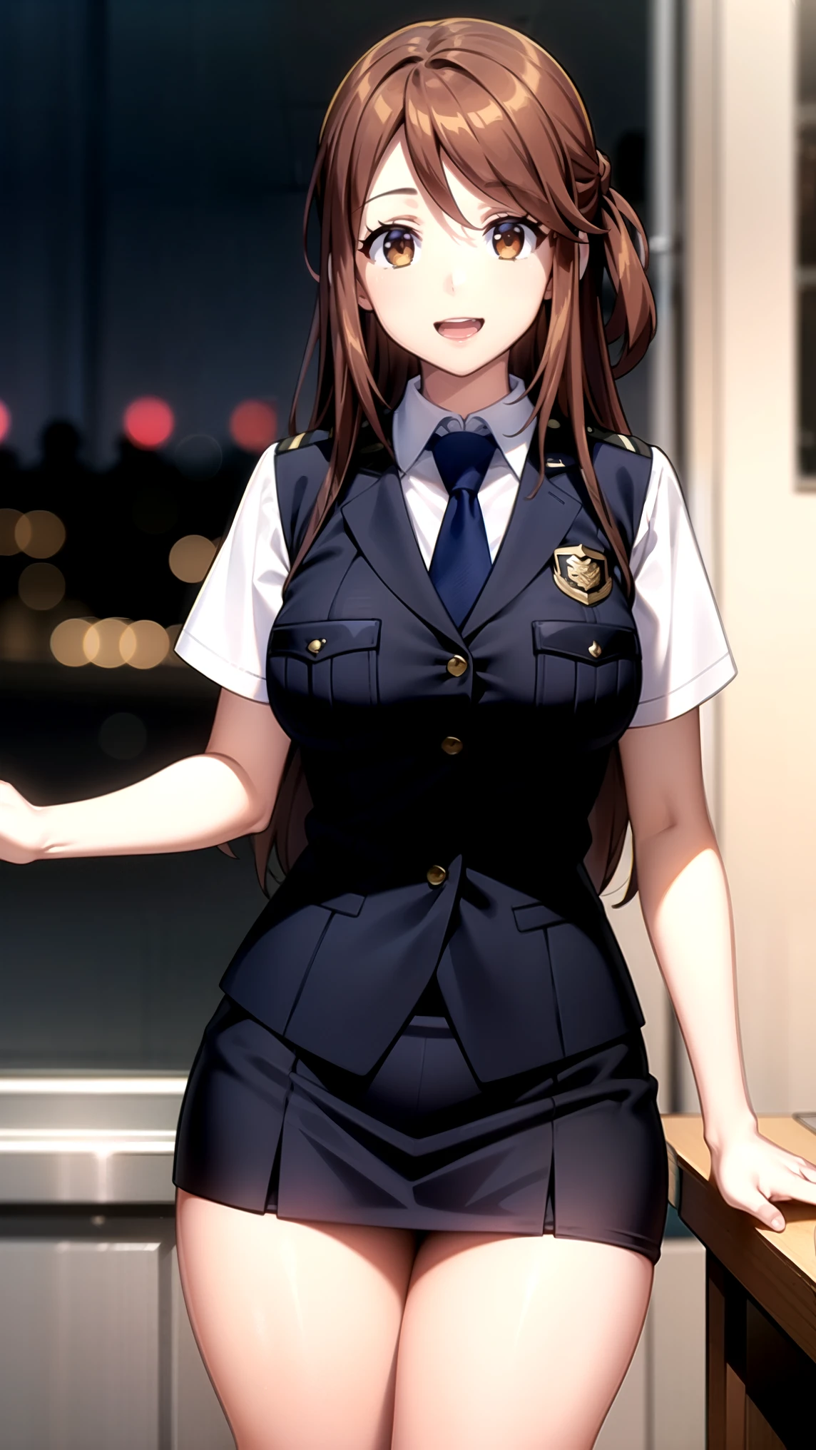 (masterpiece) ( best quality ) ( Details) (8k) ( Kampala) (wallpaper) (Cinema Lighting) (Sharp focus),(RAW Photos), RW Feast , opens her mouth, smile, Brown Eyes , Brown Hair, Long Hair, police uniform , vest, collared shirt, skirt, Blue tie, viewers are watching, 1 girl、Alone、ミニskirt、Thighs