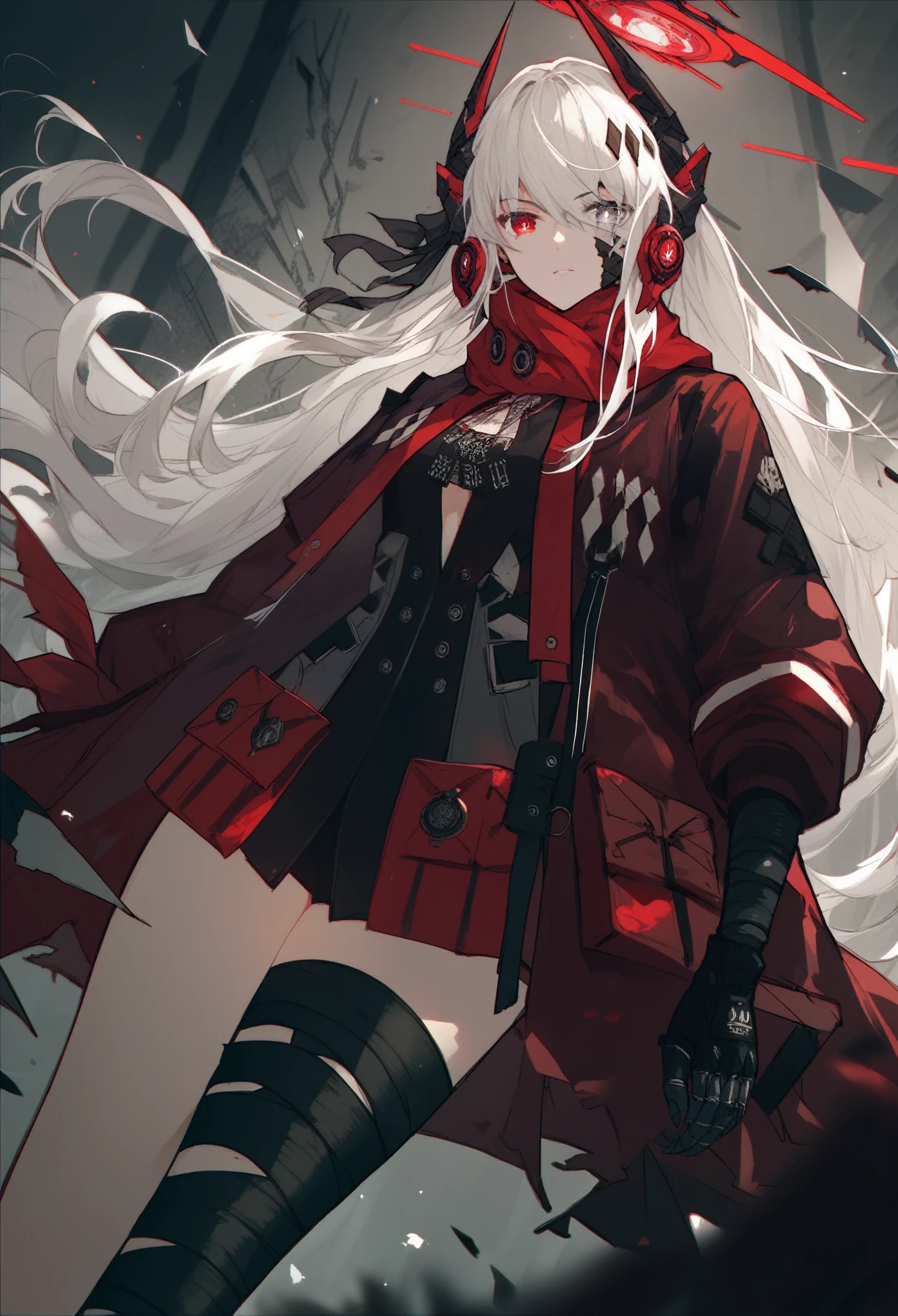 zPDXL2, score_9_up, score_8_up, score_7_up, (Anime_source), 1girl,, CrimsonAbyss, Heterochromia, red eye, grey eye, white hair, Crimson clothes, headgear, (bandaged leg),