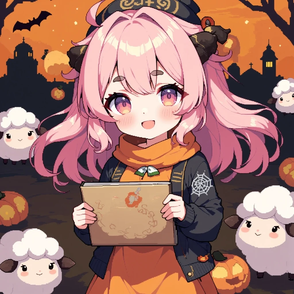 1girl, Alone, cute, Pink fluffy hair, Thick eyebrows,  big smile,  jack-o-lantern-looking hat, Pumpkin-colored dress , black cardigan with beautiful spider web decoration, cowboy shot,  holding a sketchbook in front of my chest , "20k favorites♥":1.3, cute sheep doodle , Orange and black background,  cute ghosts are flying in the sky , Bat silhouette, 