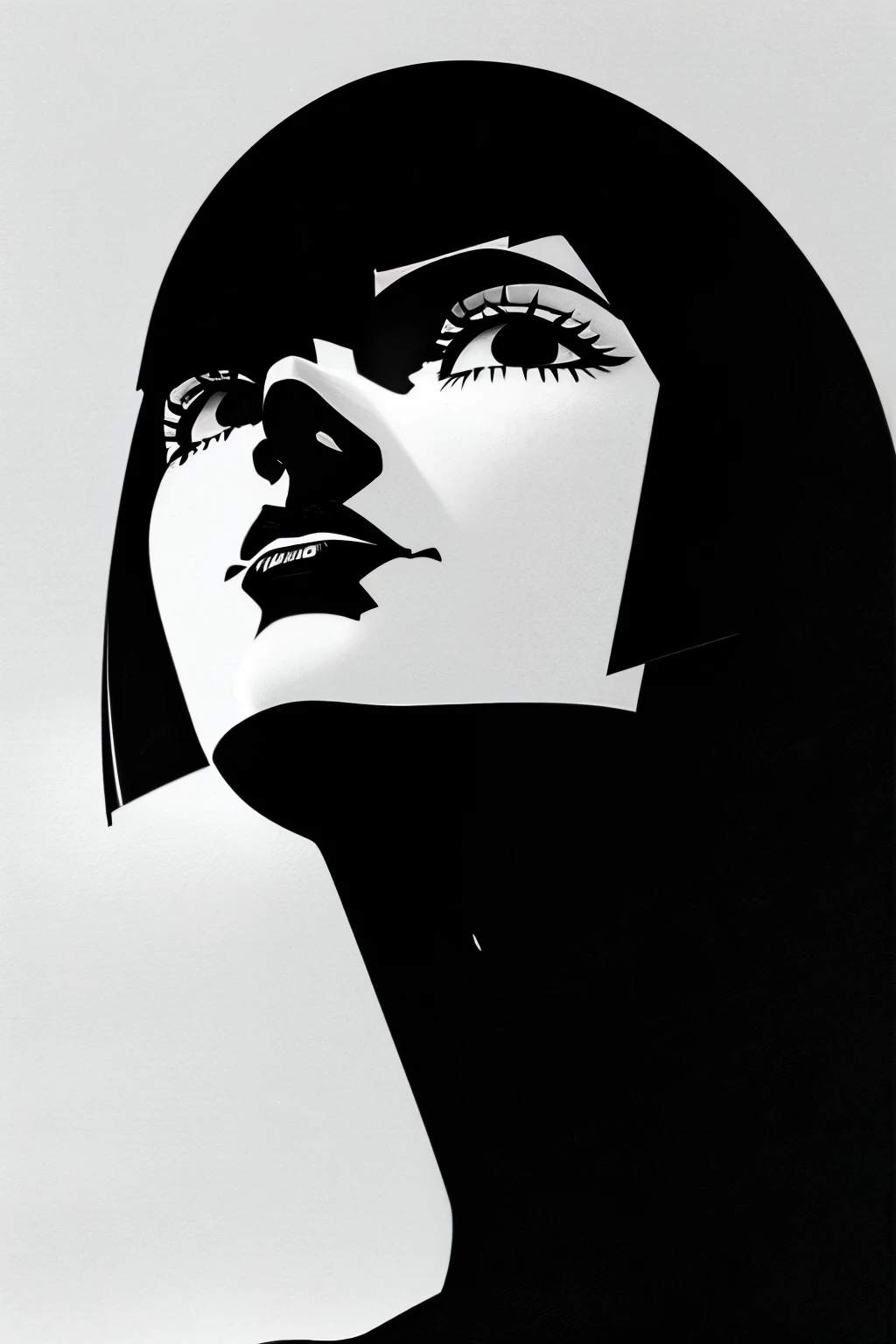 1girl, solo, monochrome, greyscale, bob cut, short hair, portrait, black turtleneck, closed mouth, bangs, from below, looking up, blunt bangs, sketch, graphite, hatching, realistic, detailed, high contrast, chiaroscuro, dramatic lighting, moody atmosphere, contemplative expression