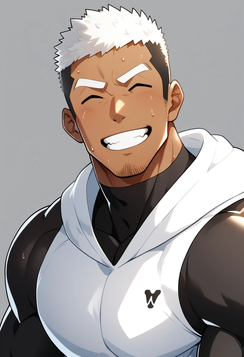 One Black person, anime characters：Gyee, Young Muscle Sports Sexy Teacher, sweat, negro black skin, pectoralis major, male focus, White hooded sports sweatshirt, Wear a black high-necked tights inside, Very tight, muscular male, muscular, only, Upper body, White short hair, Thick eyebrows, stubble, Grey background, simple background, amazing quality, best aesthetics, Ridiculous,crew cut, parted lips, Show your teeth, Embarrassed giggles, He smiled and narrowed his eyes, Squinting smile, best quality