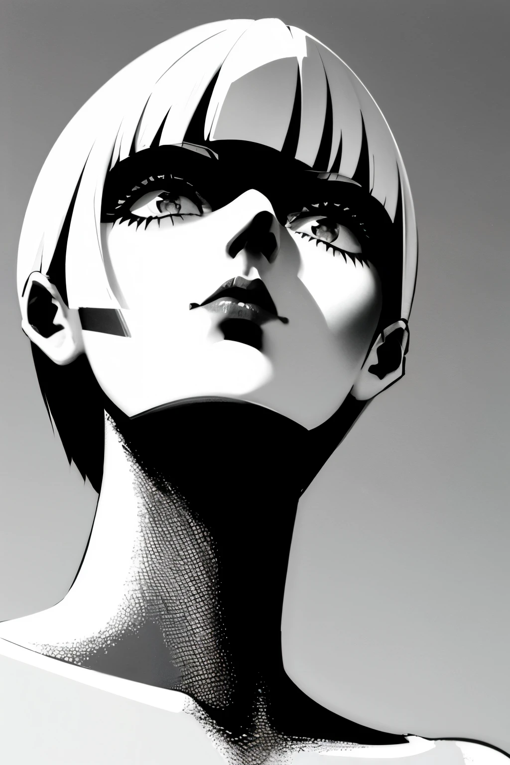 1girl, solo, monochrome, greyscale, bob cut, short hair, portrait, black turtleneck, closed mouth, bangs, from below, looking up, blunt bangs, sketch, graphite, hatching, realistic, detailed, high contrast, chiaroscuro, dramatic lighting, moody atmosphere, contemplative expression