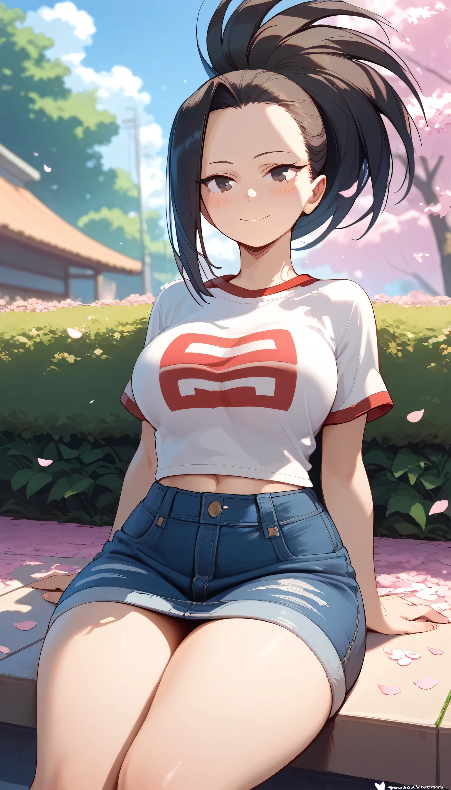 Front view, (from below:0.8), score_9_up,score_8_up, Momo Yaoyorozu,1girl, solo, dark eyes, black ponytail hair, ((blush)), closed mouth, smile, big breast, big thighs, wearing a cropped t-shirt and denim short, ((sitting)), (sakura petals), ((entertainment park))