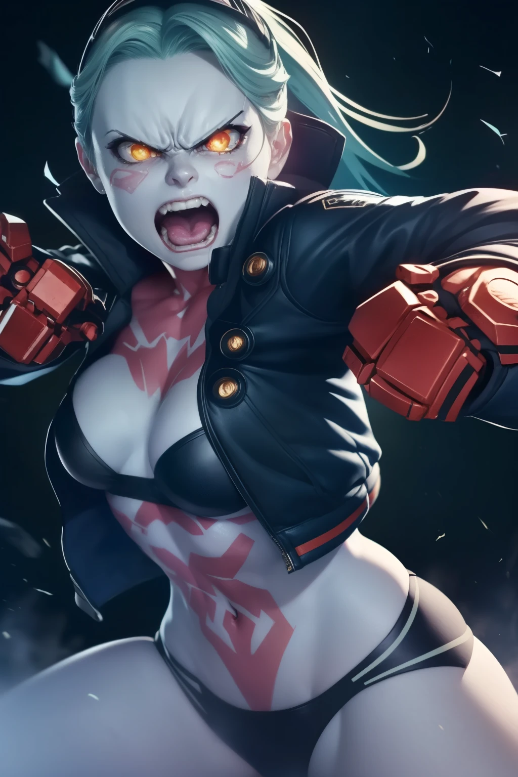 Rebecca in Dynamic fight pose, 1girl, (((Showing hands, machine hand, angry face , detailed face))), ((detailed hand:1.2 )), wearing a jacket, showing belly. Detailed, best quality, 4K.