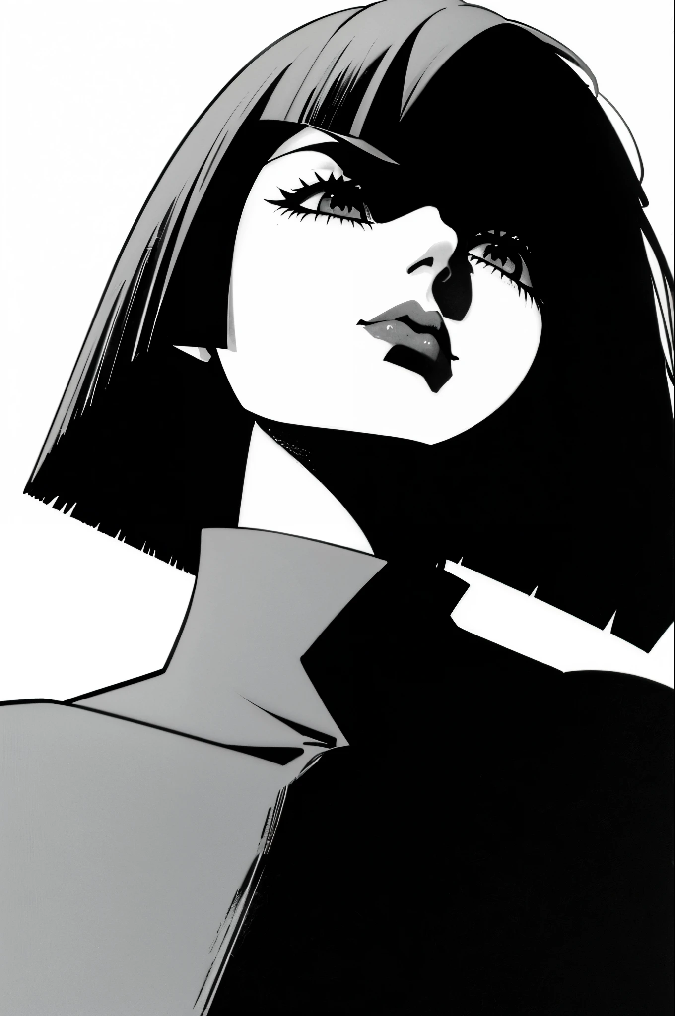 1girl, solo, monochrome, greyscale, bob cut, black turtleneck, seductive smile, closed mouth, from below, looking up, blunt bangs, sketch, art, graphite, hatching, realistic, detailed, high contrast, chiaroscuro, dramatic lighting, moody atmosphere, contemplative expression, masterpiece, 8K,