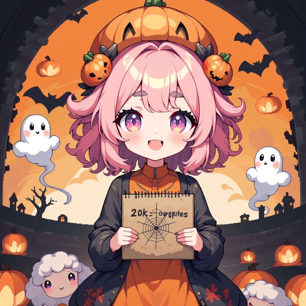 1girl, Alone, cute, Pink fluffy hair, Thick eyebrows,  big smile, jack-o-lantern round hat, Pumpkin-colored dress , black cardigan with beautiful spider web decoration, cowboy shot,  holding a sketchbook in front of my chest , "20k favorites♥", cute sheep doodle :0.85, Orange and black background,  cute ghosts are flying in the sky , Bat silhouette