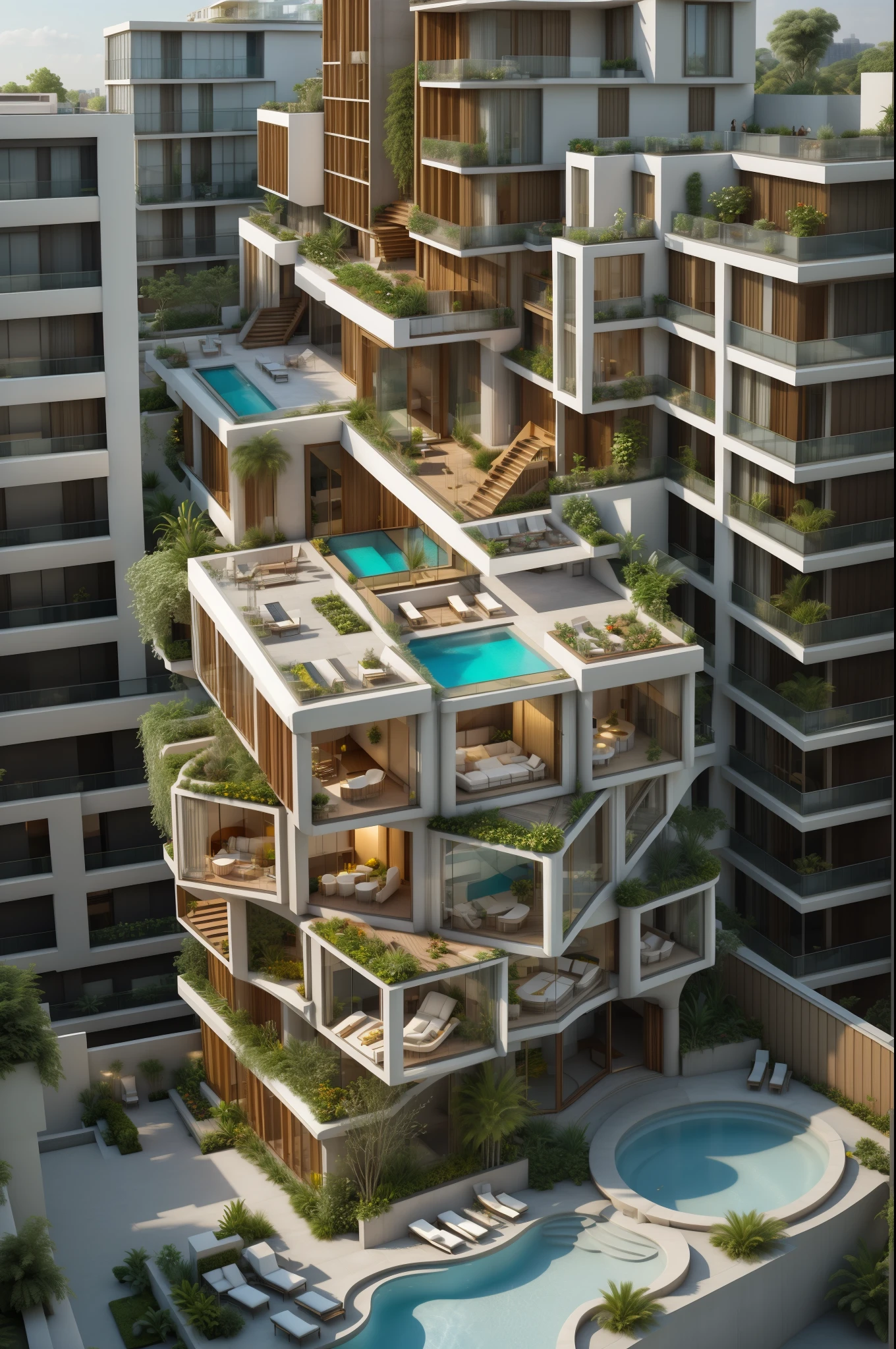 Building , plaza, Architecture render, realistic, balcony , openings, concrete and glass, by Syd Mead, low bird eye view, people on walkways, s, roof top garden and pool