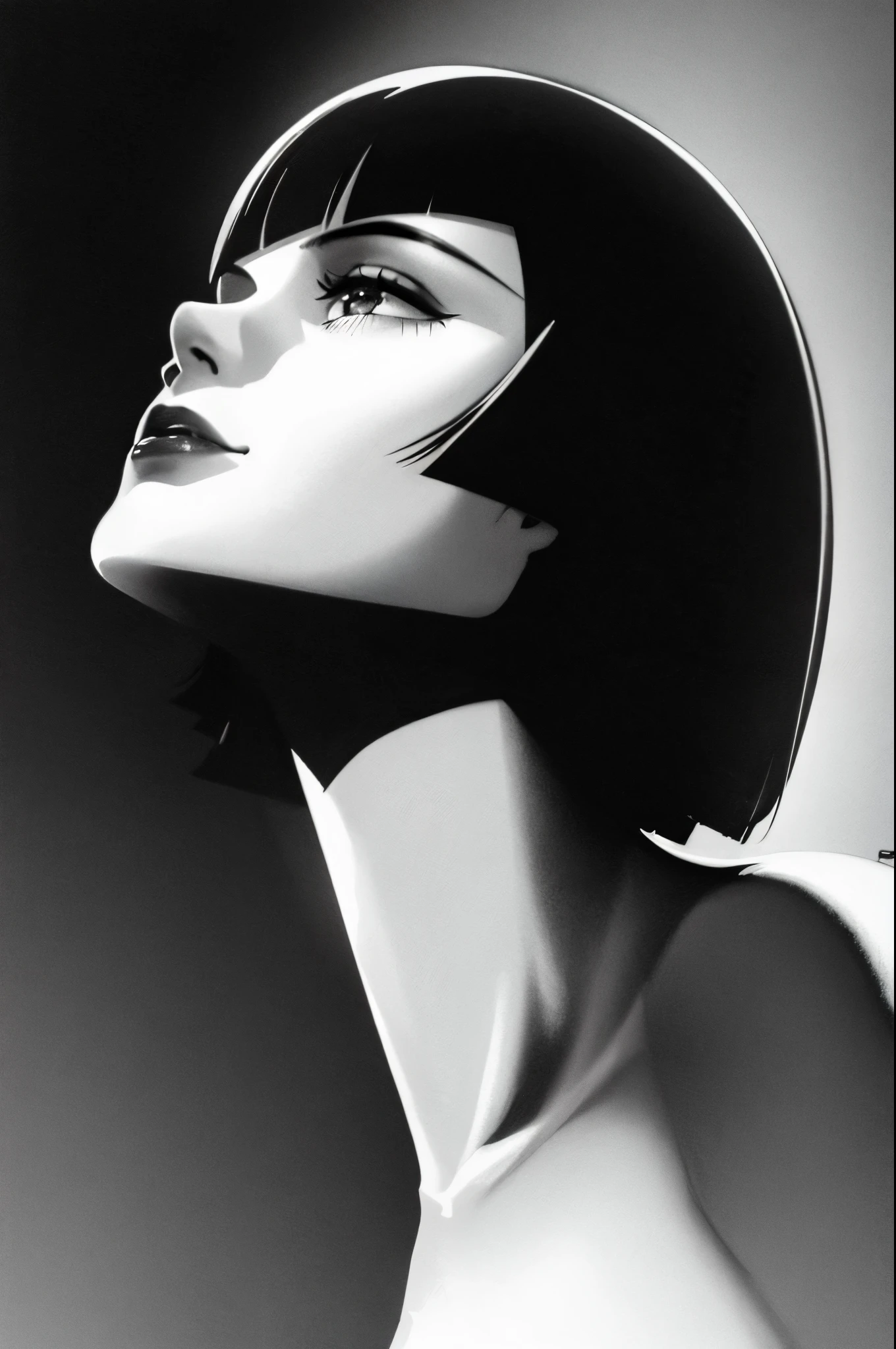 1girl, solo, monochrome, greyscale, bob cut, black turtleneck, seductive smile, closed mouth, from below, looking up, side view, blunt bangs, sketch, art, graphite, hatching, realistic, detailed, high contrast, chiaroscuro, dramatic lighting, moody atmosphere, contemplative expression, masterpiece, 8K,