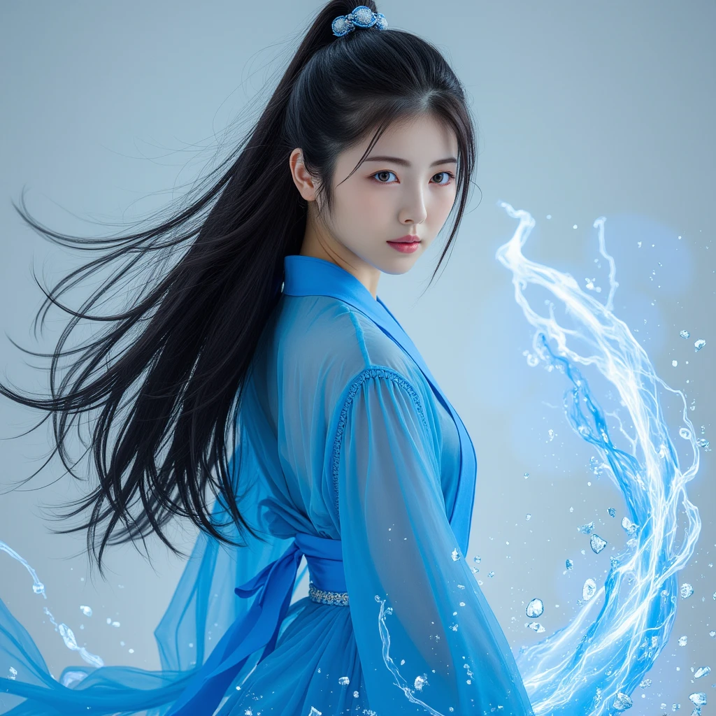 1 girl,hanfu,realistic,
(Masterpiece, high quality, best, official art, beautiful and beautiful, long-term contact:1.2),smooth movement,charming patterns,
1 girl,jade eyes,long black hair,
Portrait,alone,upper body,watching audience,detailed background,detailed facial information,(crystalline aluminum, crystal theme:1.1),elemental water wizard,swirling water,controlling the water,fantasy wizard clothing,dynamic posture,floating particles,ethereal dynamics,water,steam,background for the ocean,blue tones,coast,sacred atmosphere,

Her expression is calm, focused, and confident, with her long dark hair flowing gently down her back, slightly stirred by the energy she is directing. Her posture, with her waist engaged and shoulders slightly forward, shows the skill and mastery she has over the water. The background is a muted gray, enhancing the vivid blue of her attire and the flowing water, bringing attention entirely to her movements and the magical energy she controls. The lighting highlights the subtle textures of her clothing and the soft glow of the water, creating an image that feels both powerful and serene.