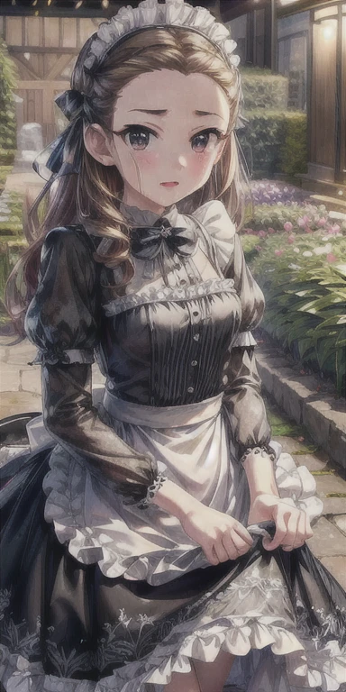 (masterpiece),  best quality , (((Super detailed, 8K quality))),  Expressive eyes ,  perfect face,  perfect anatomy,  perfect body, scene, walnut \(Alcohol backlash\),Long Hair, black hair band ,  Hair Ribbon ,amount, Small breasts,Maid, Maid headdress,  Black Dress, garden,  standing,  skirt hold ,