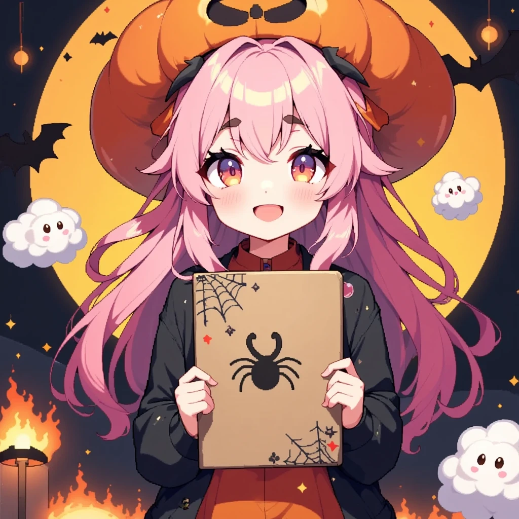 1girl, Alone, cute, Pink fluffy hair, Thick eyebrows,  big smile, jack-o-lantern round hat, Pumpkin-colored dress , black cardigan with beautiful spider web decoration, cowboy shot,  holding a sketchbook in front of my chest , "Thank you for your 20k favorites♥", cute sheep doodle :0.85, Orange and black background,  cute ghosts are flying in the sky , Bat silhouette